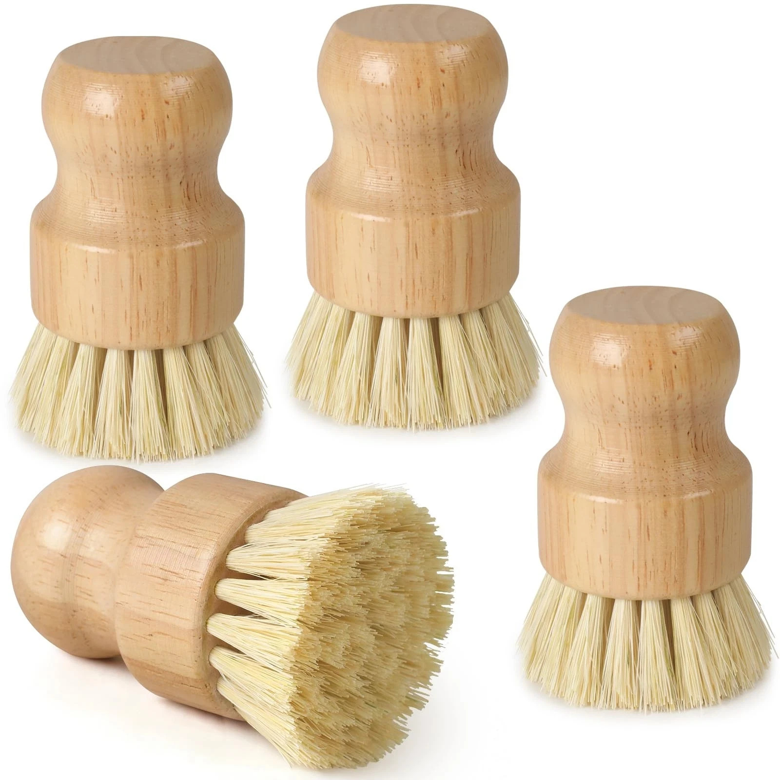 4 Pack Bamboo Dish Brush Set, Natural Kitchen Scrub Brush with Sisal Bristles, W