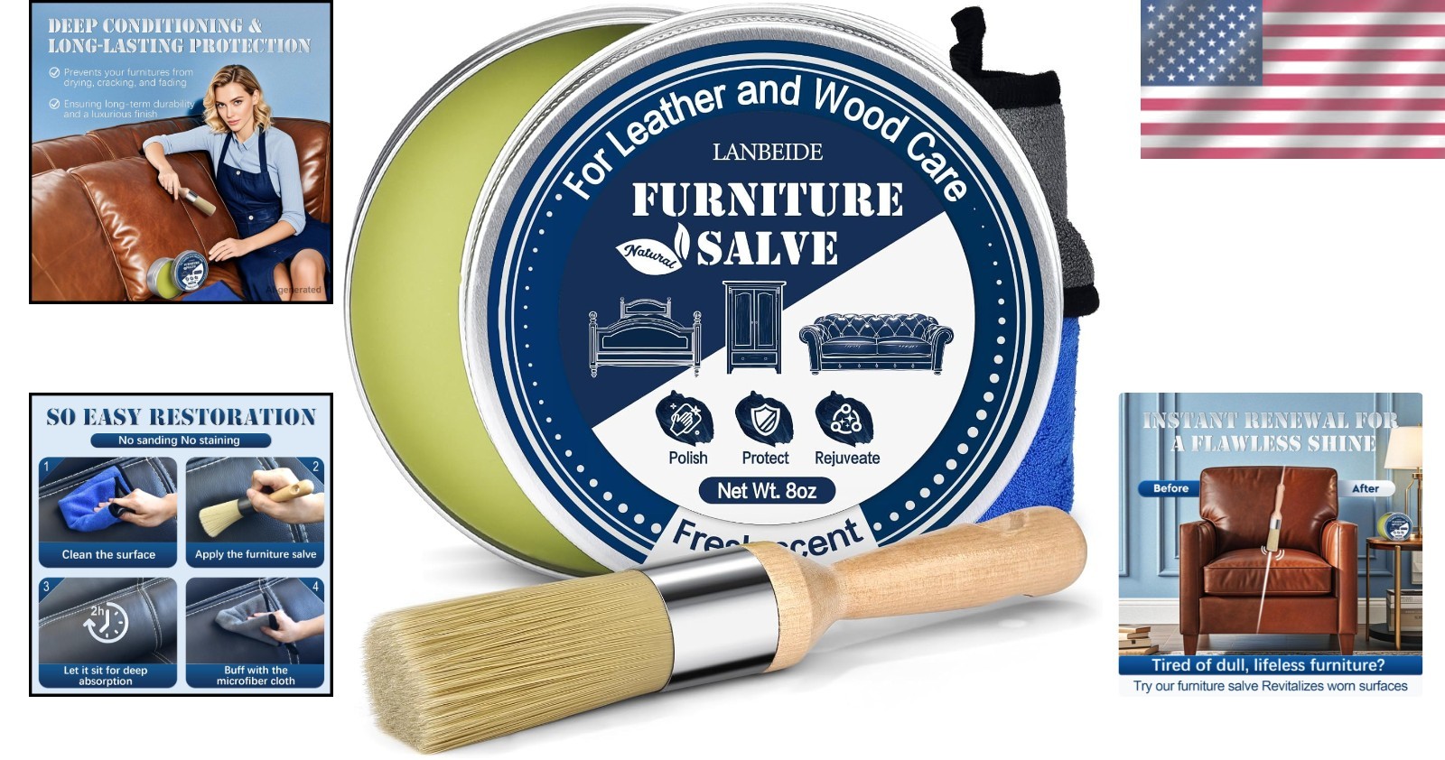 Furniture Salve & Brush Set for Leather Care 8oz