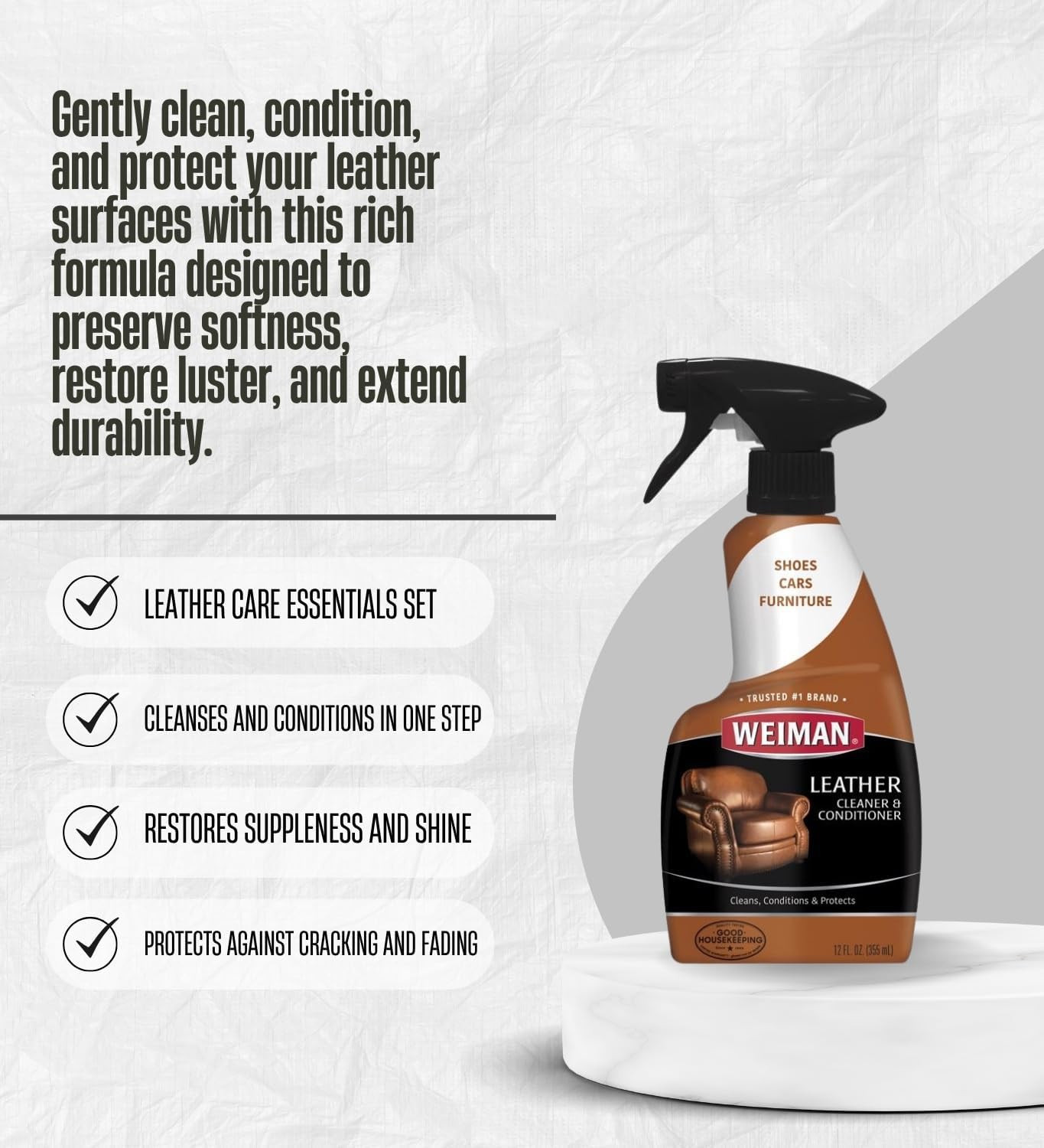 Weiman Leather Cleaner and Conditioner 12 Oz Liquid Bundle with Microfiber Cloth