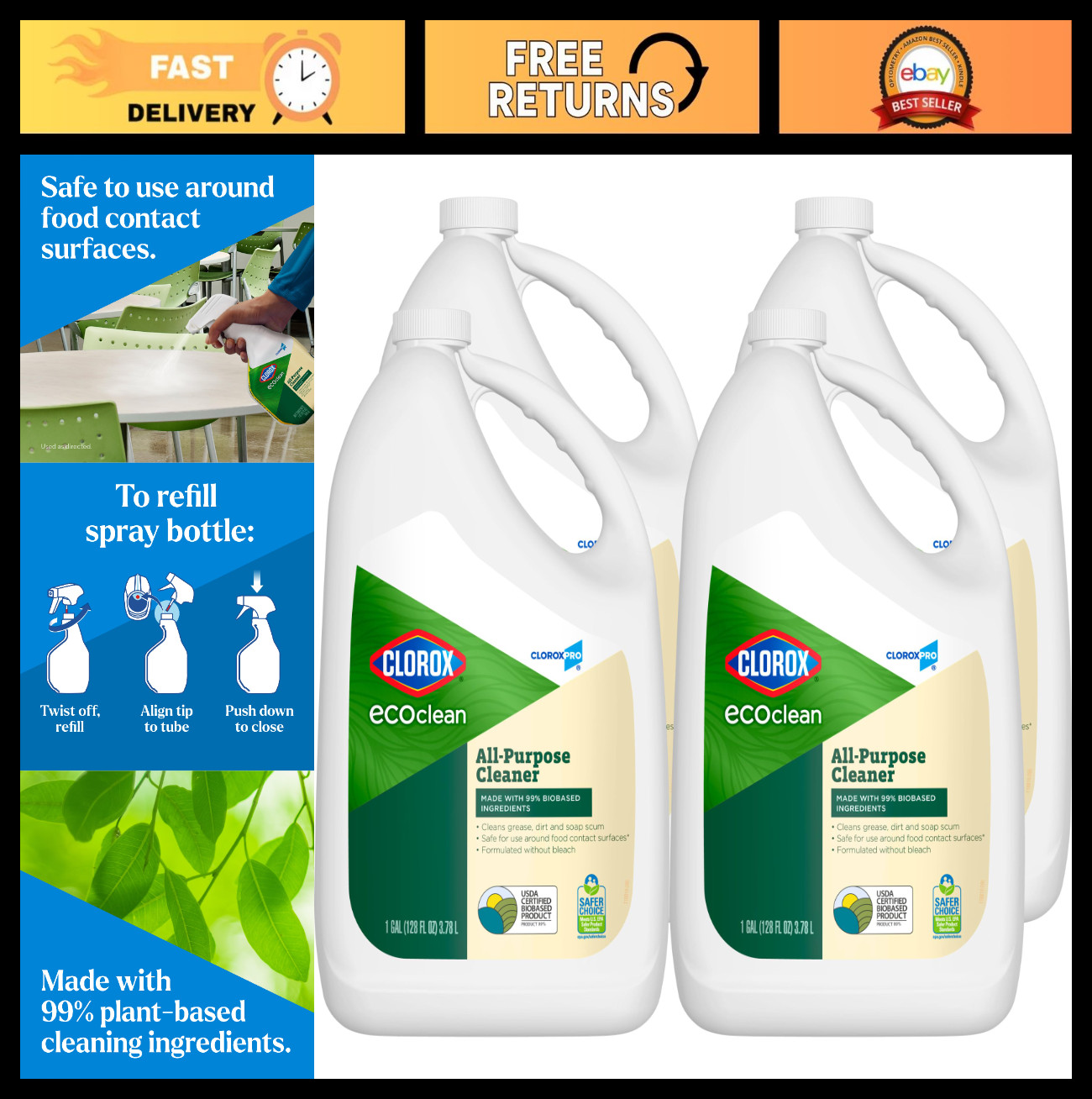 Eco-Friendly All-Purpose Cleaner Refill, 128 oz, Pack of 4 – Powerful & Versatil