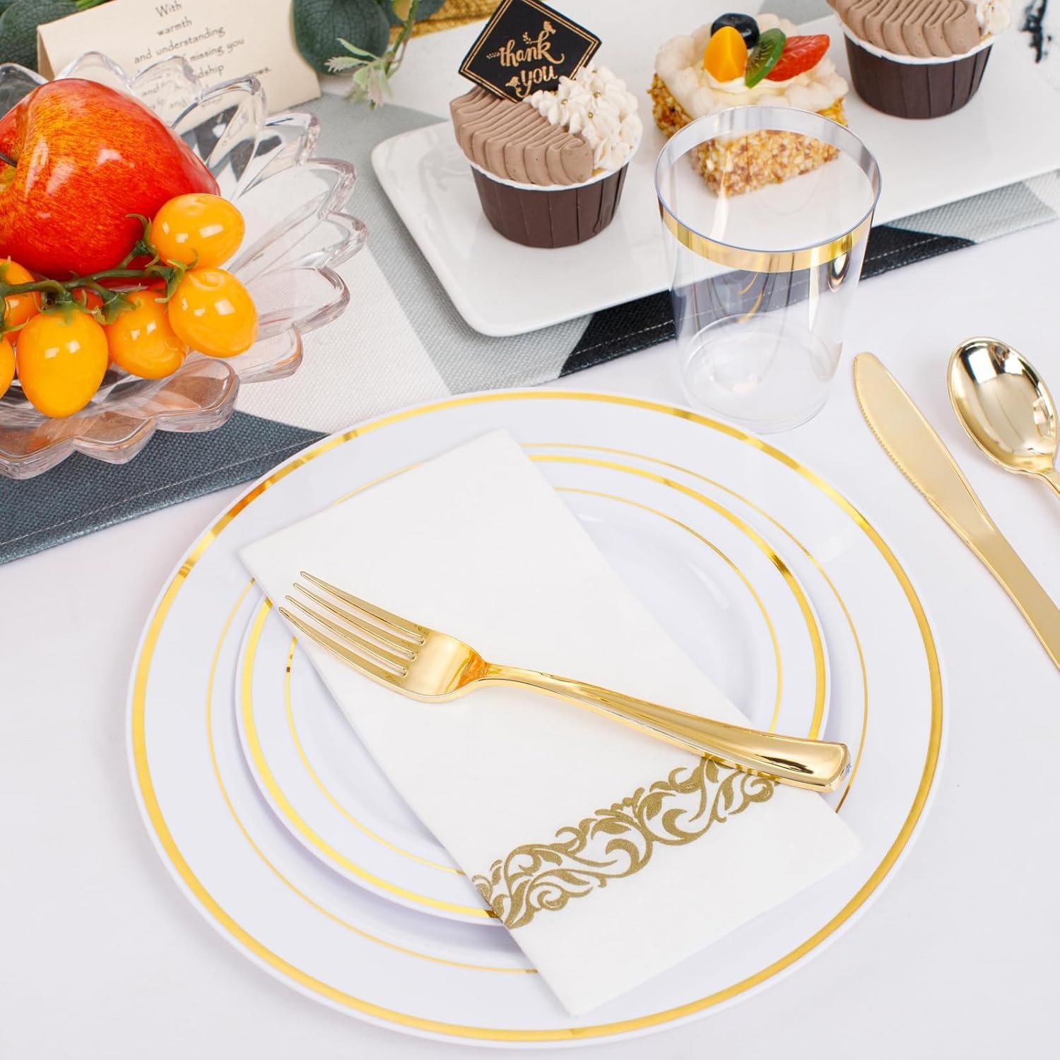 350 Pieces White and Gold Plastic Plates – 50 Guest Dinnerware Set Include 100
