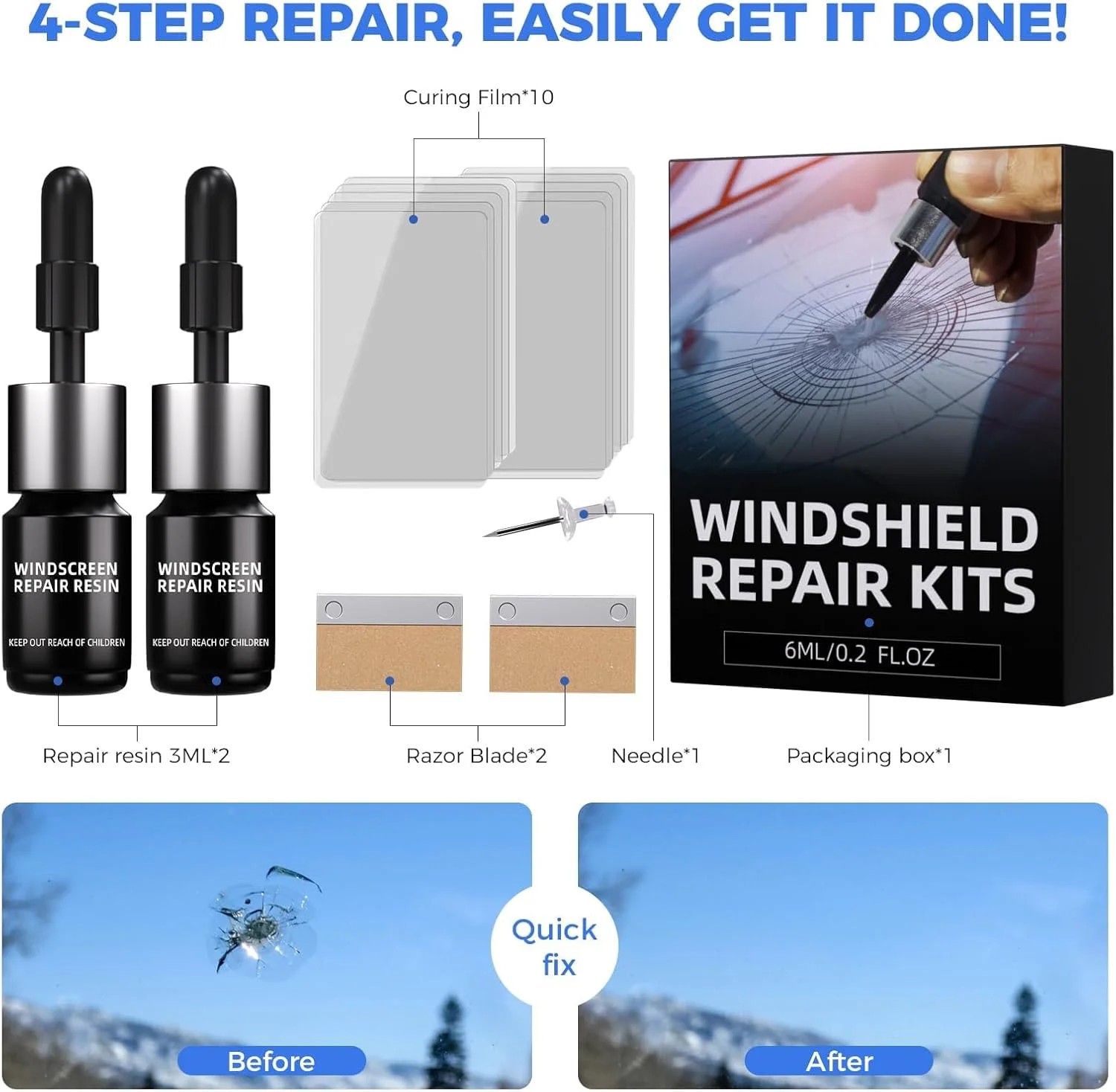 Windshield Crack Repair Kit Quick Quick for Chips and Cracks Glass Chip 2 Bottle