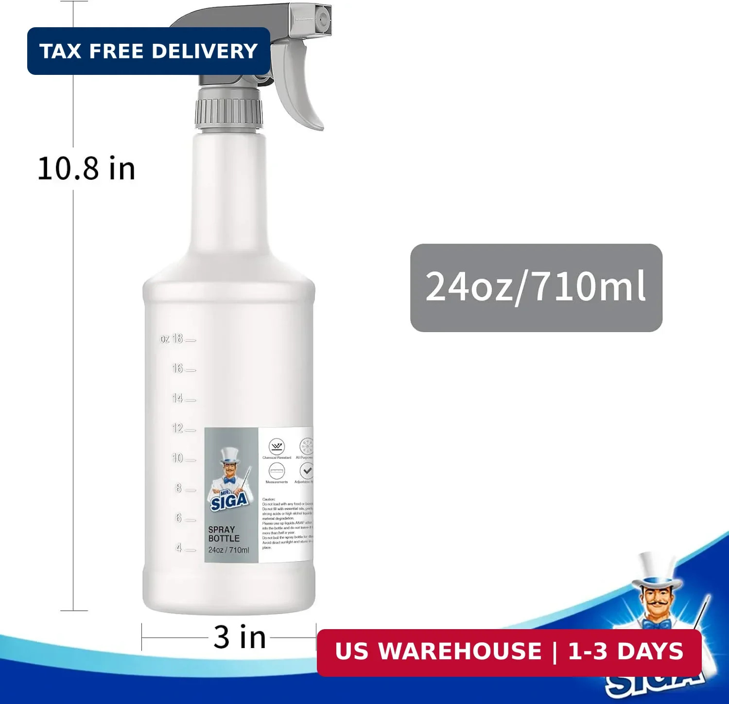 MR.SIGA 24 oz Empty Plastic Spray Bottles for Cleaning Solutions, Heavy Duty Hou