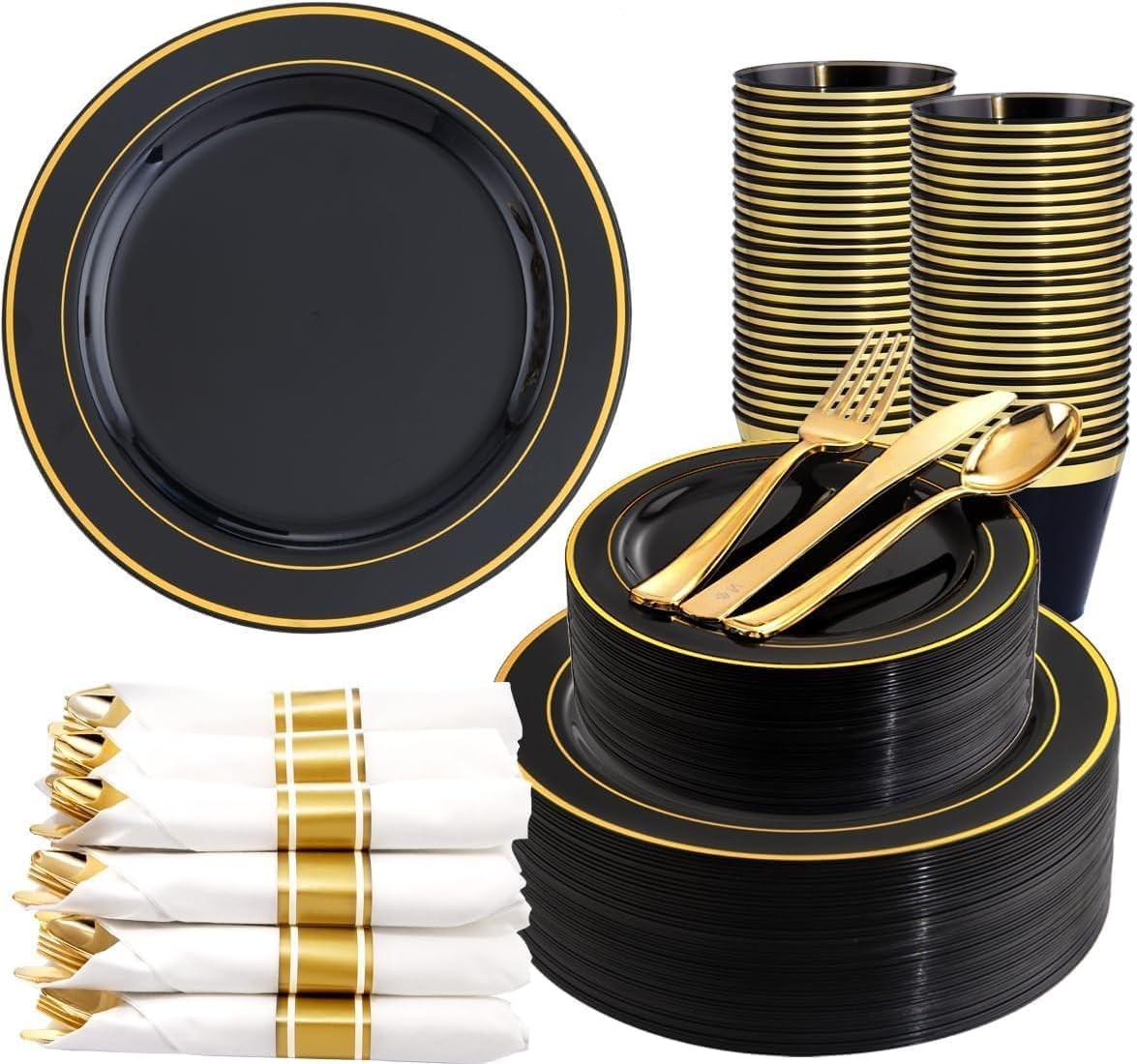 350 Pieces Black and Gold Plastic Plates with Disposable Silverware, Include 5