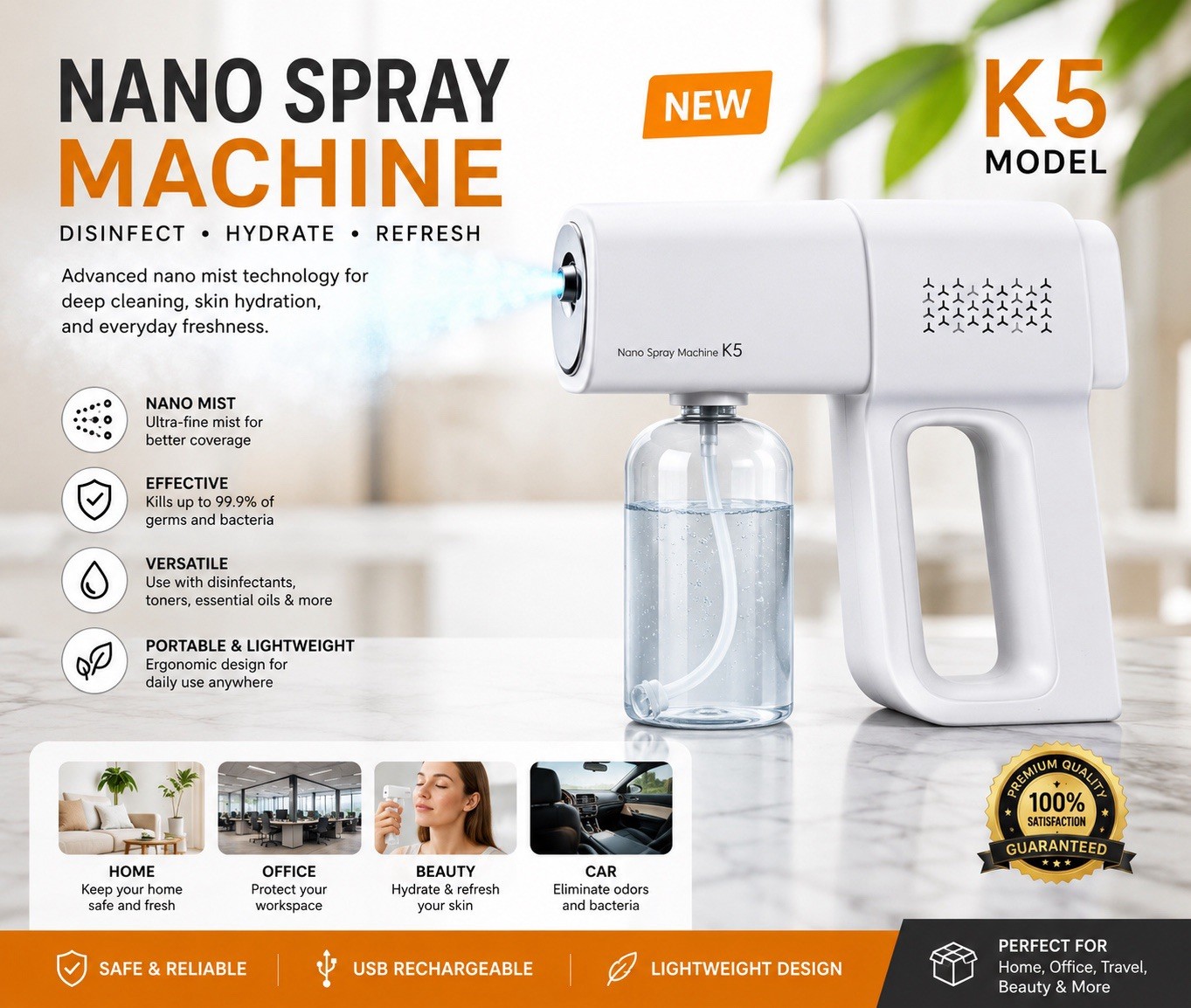 K5 Nano Spray Machine Mist Sprayer, USB Rechargeable, Portable, Lightweight
