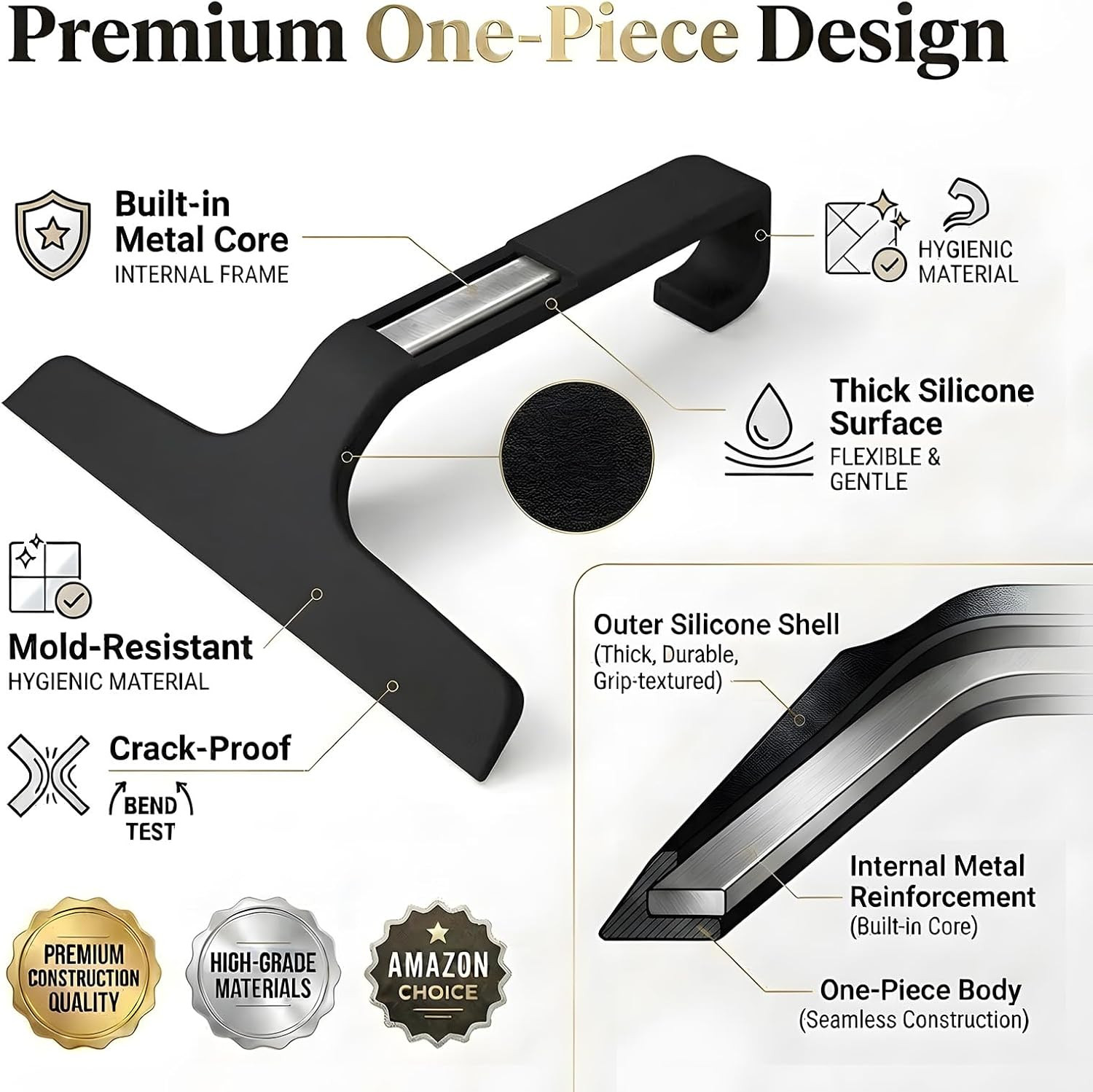 Bathroom Glass Shower Door Squeegee, Silicone & Metal, Black, 10″W X 9.2″L | Eff