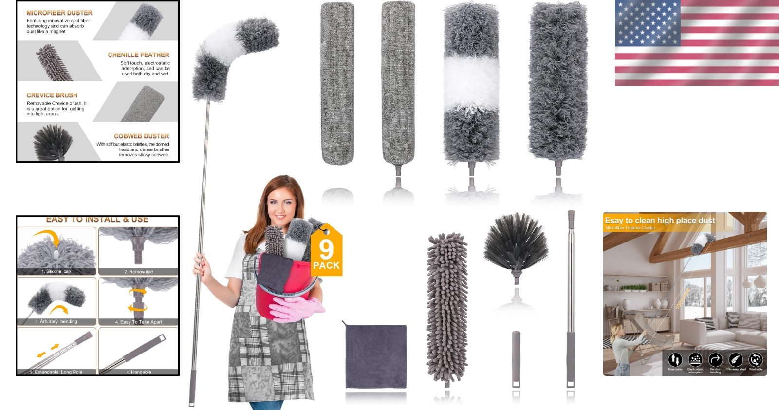 9PCS Extendable Microfiber Duster Kit – 30 to 100 Inches for Effortless Cleaning