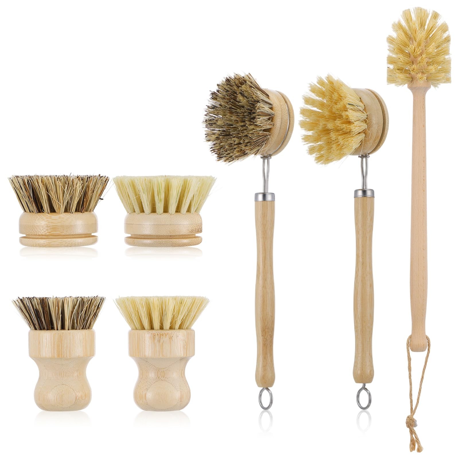 7-Piece Dish Brush Set, Natural Kitchen Scrub Brush Kit with Wooden Handle fo…