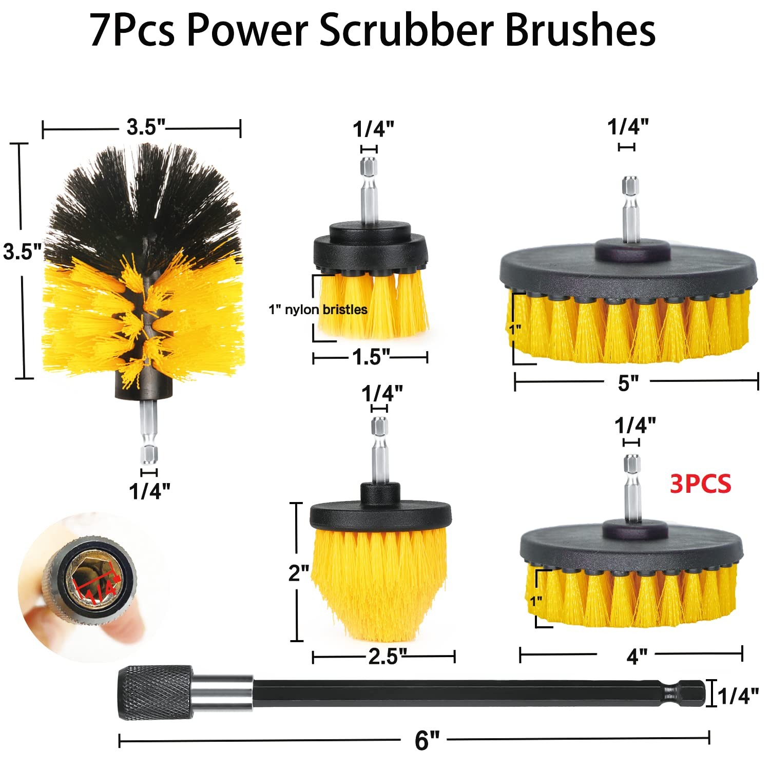 Drill Brush Attachment Set 7 Pack 1/4in Power Scrubber Brush + Extend Long Attac