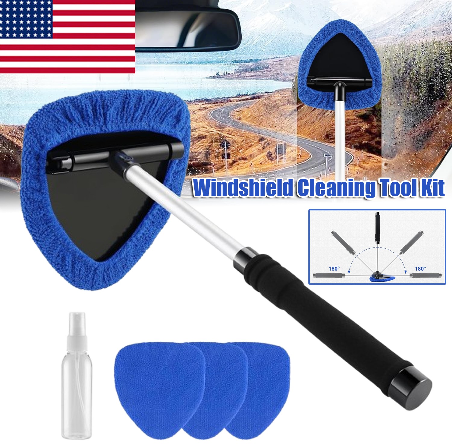 Car Windshield Cleaner Tool Extendable Handle Window Glass Wiper Brush + 4 Pads