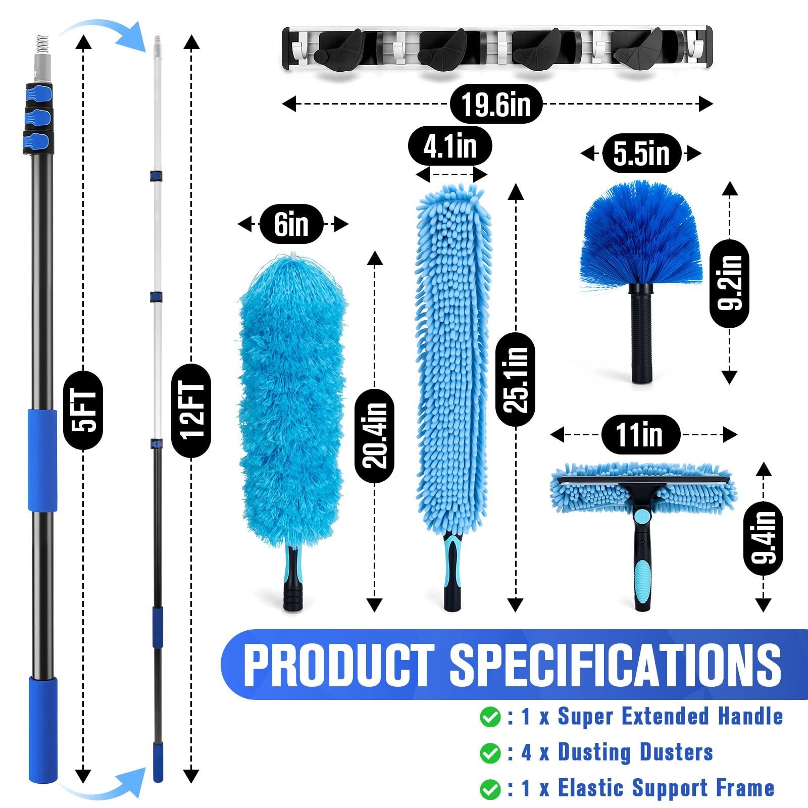 20Ft High Reach Ceiling Fan Duster Kit, Reusable Cobweb Cleaner & Extension Pole