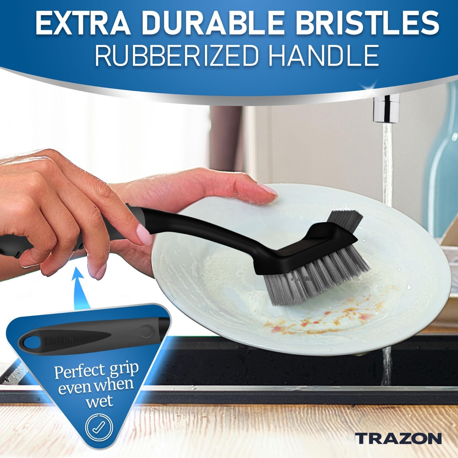 5-Piece Dish Brush Set with Holder – Non-Slip Long Handle Kitchen Scrubbers for