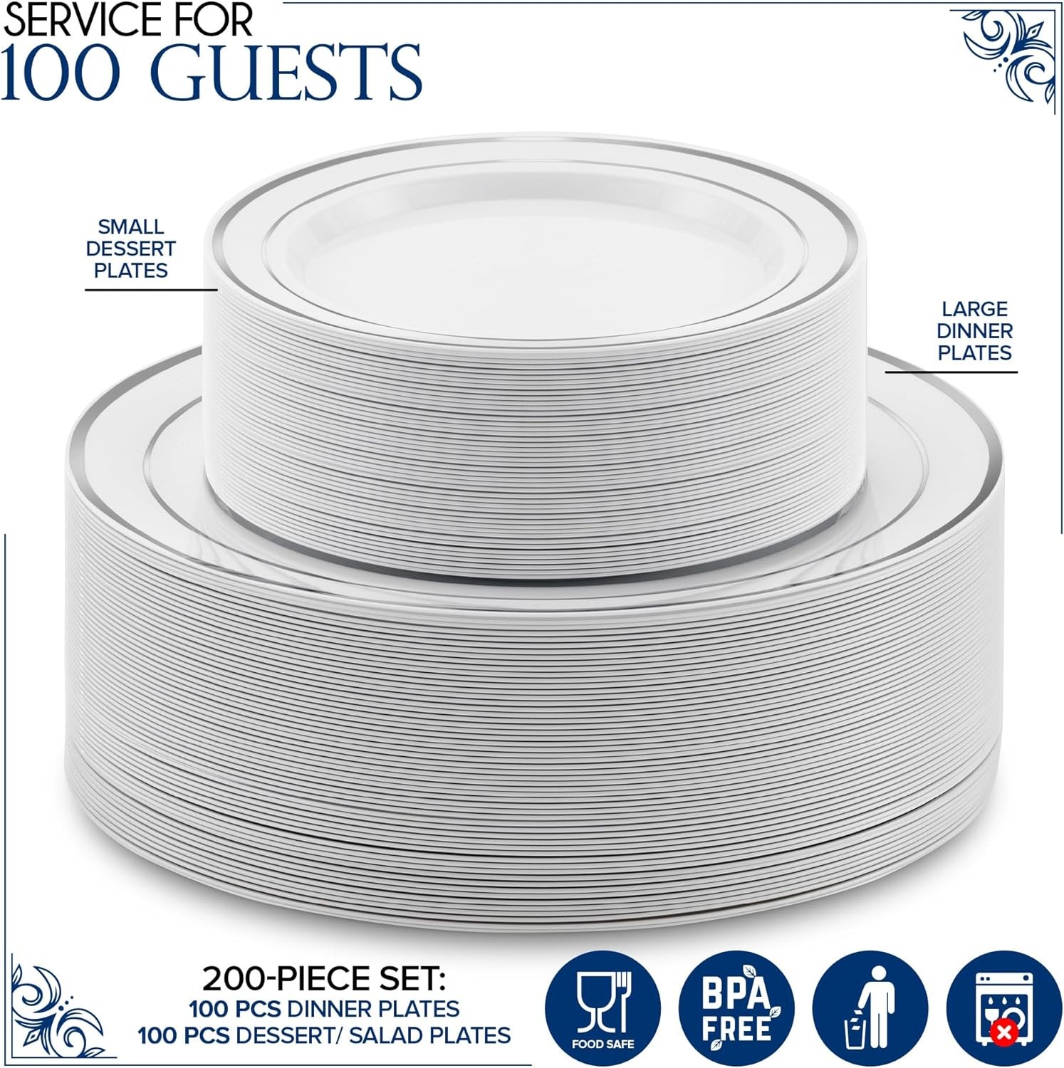 Dinner and Dessert Plates Set Disposable – 200 Pieces (10″ + 7″) Elegant White