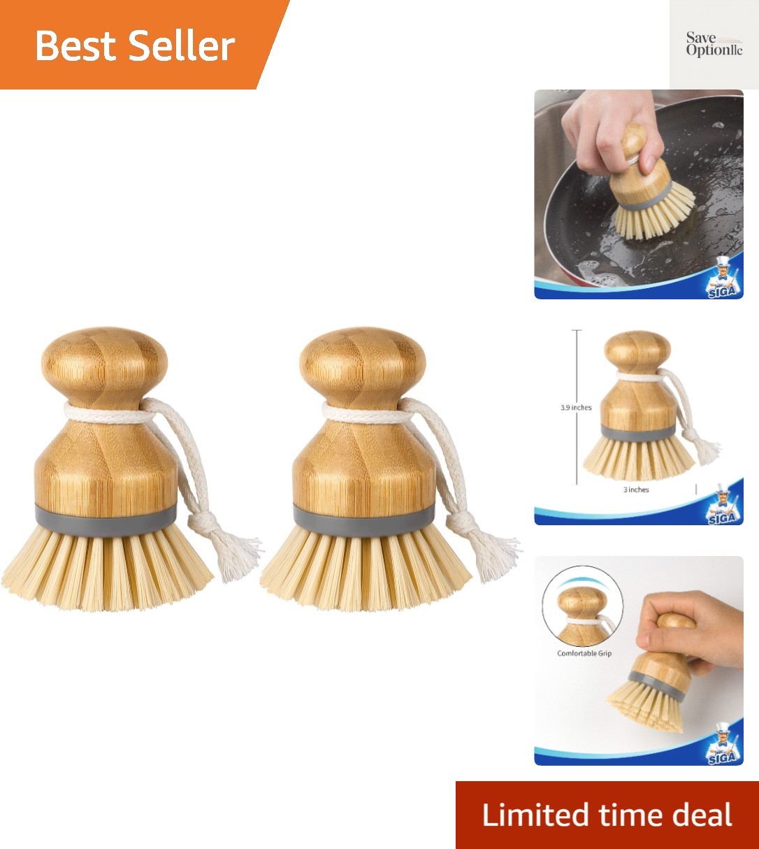 Bamboo Palm Brush, Scrub Brush for Dishes Pots Pans Kitchen Sink Cleaning, Pa…
