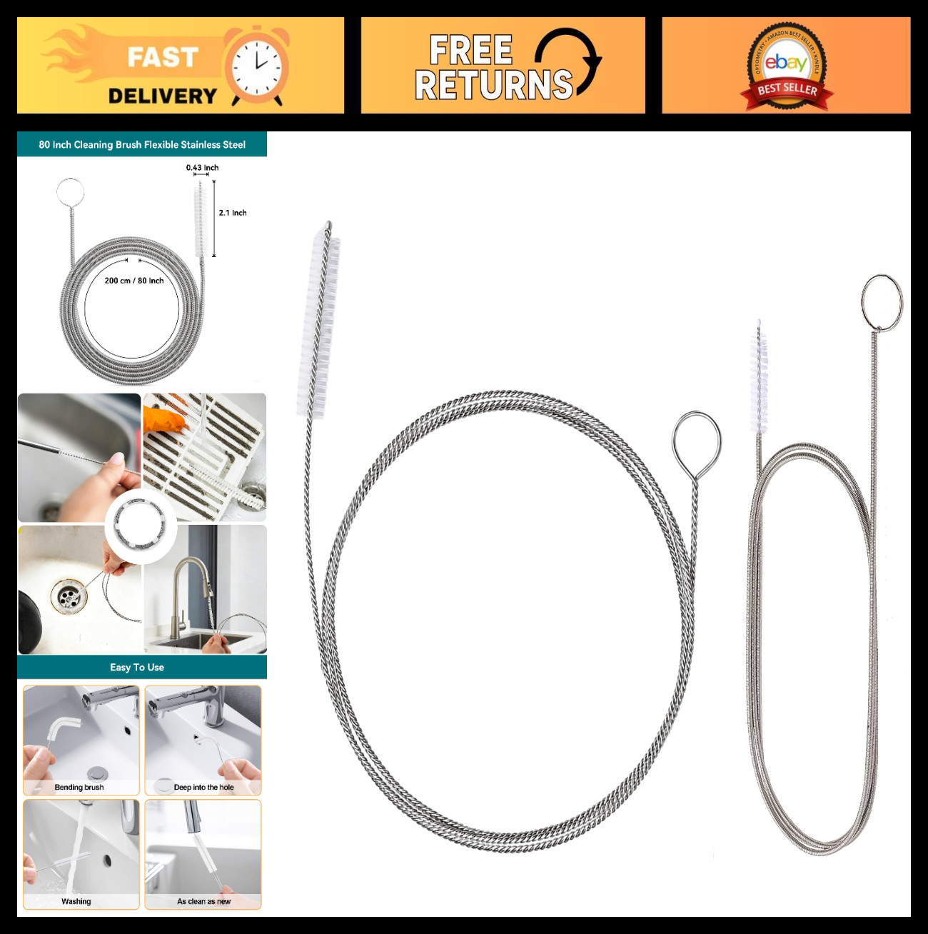 2 Pack Flexible Drain Cleaning Kit – 160″ Stainless Steel Brush & 80″ Spring Aug