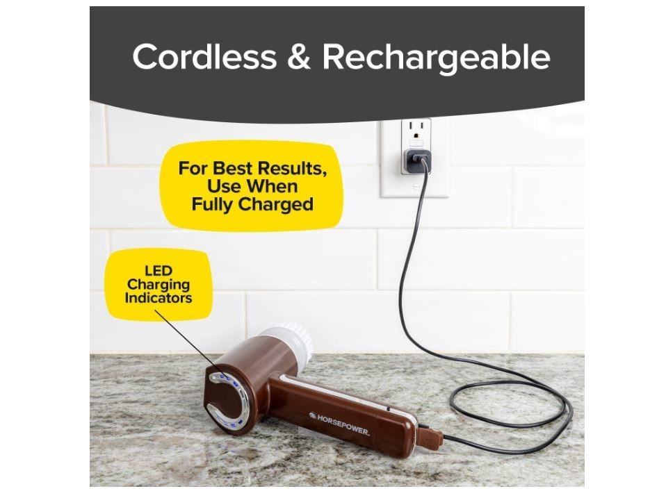 Horsepower Scrubber, Waterproof, Electric Power, Spins 350 RPM, 5 Brush Heads.