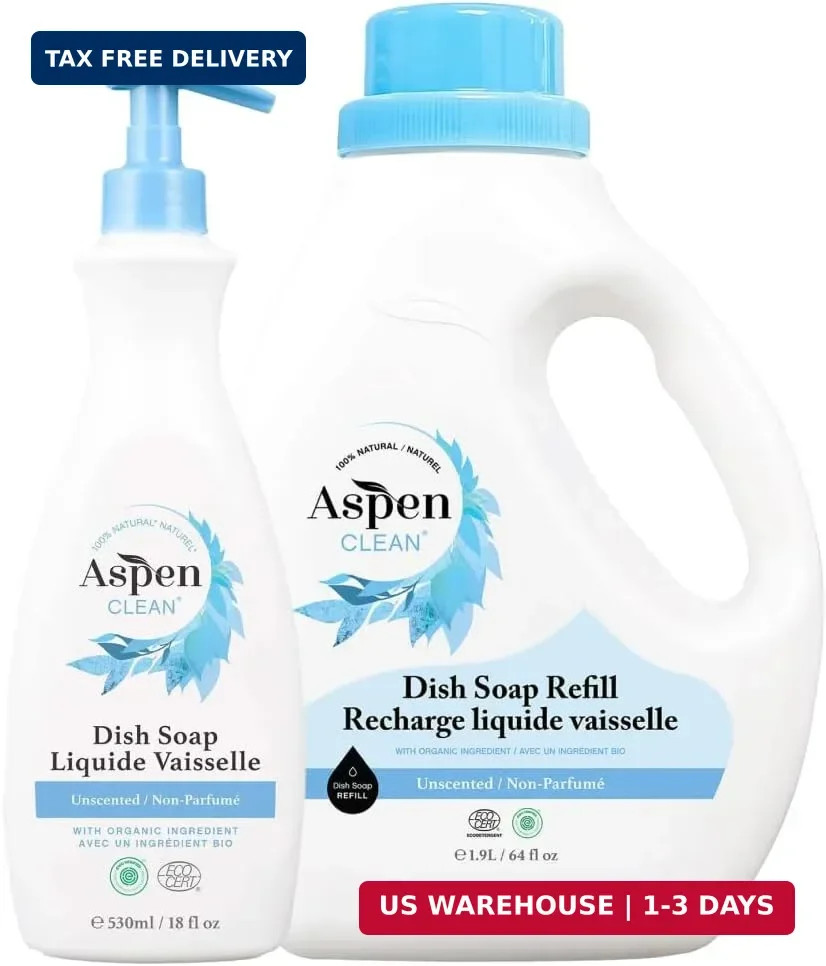 AspenClean | Dish Soap & Refill | Unscented | Liquid Dishwashing Detergent Soap