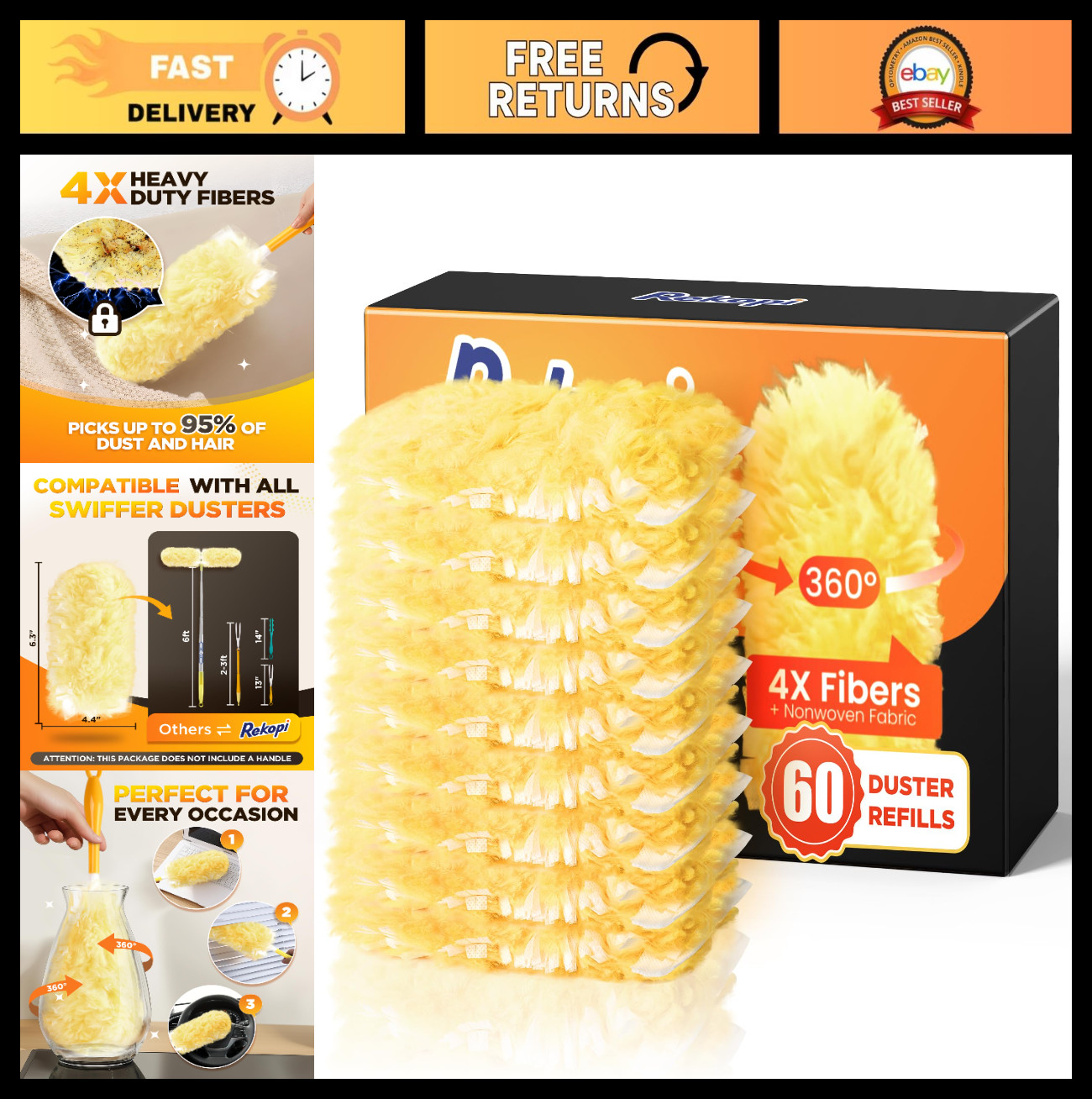 60 Heavy Duty Duster Refills, 360° Multisurface, 4X Microfiber, Unscented, Dispo