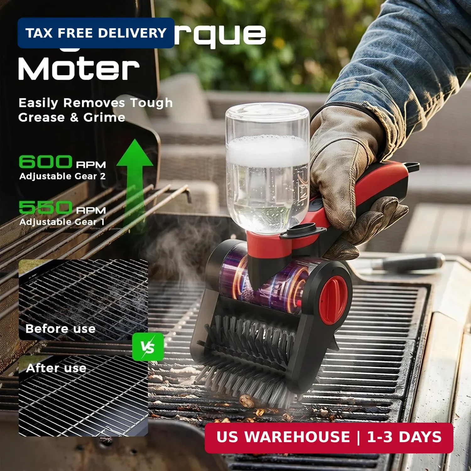 Electric Grill Brush, 100W High Power Cordless BBQ Cleaner with 300ml Water Spra