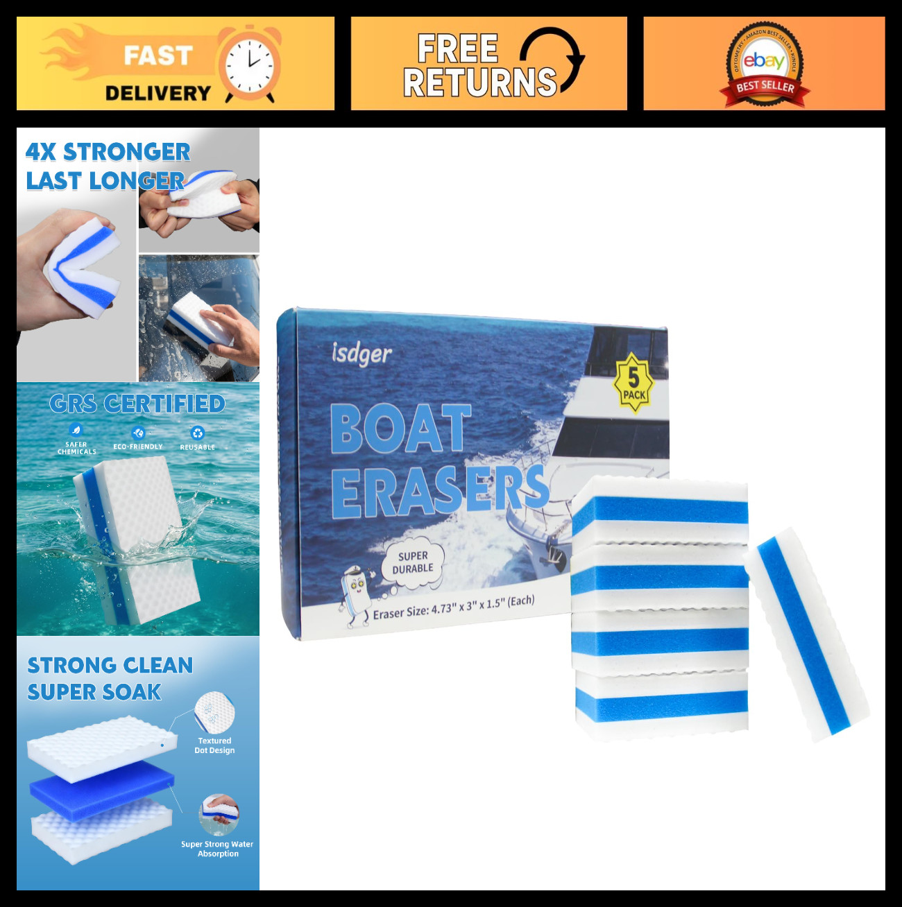 5 Pack Boat Cleaning Erasers – Non-Toxic Sponge for Scuff Marks & Grime, Water A