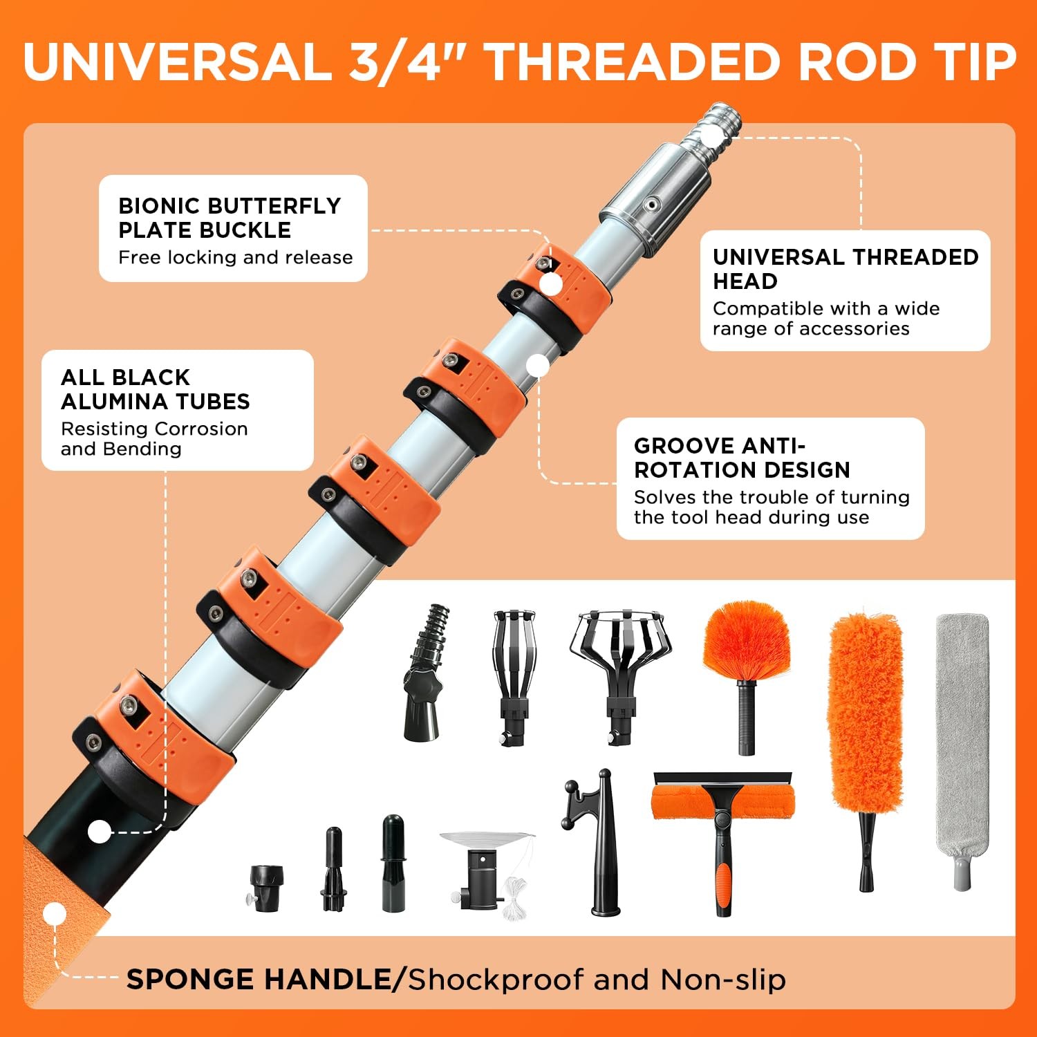 26FT High Reach Duster Kit with 5-20FT Flip-Lock & Screw Dual Locking Extensi…