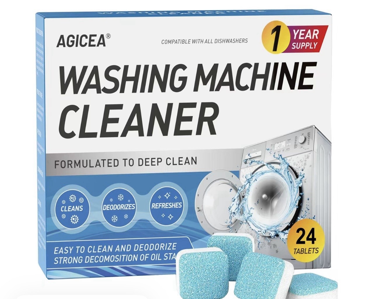 AGICEA Washing Machine Cleaner Tablets 24ct Lemon Deodorizes No Residue
