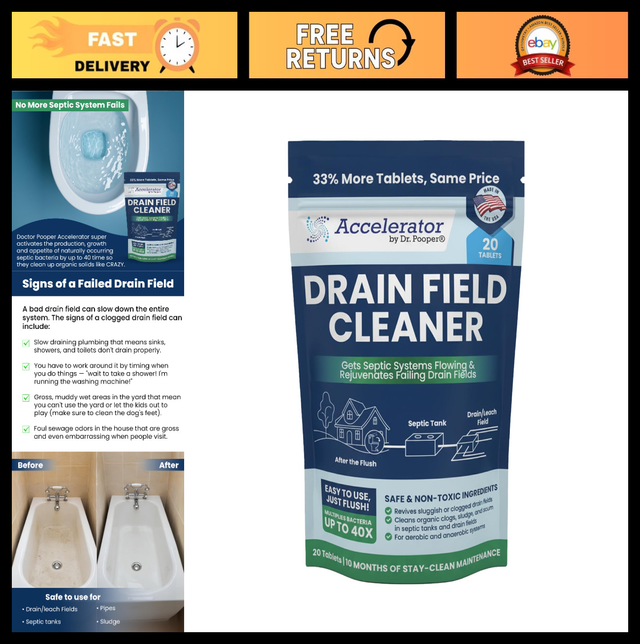 Drain Field Cleaner Tablets – Septic Tank Treatment for Clogs & Odor – 20 Count,