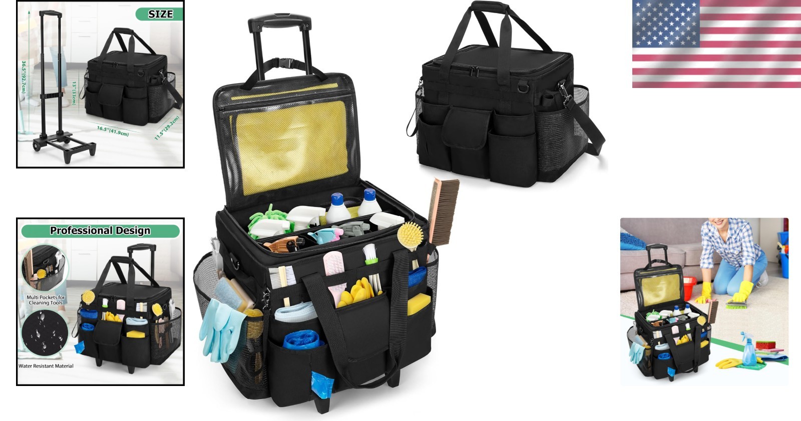 Portable Cleaning Supplies Organizer: Black Rolling Caddy with Adjustable Height