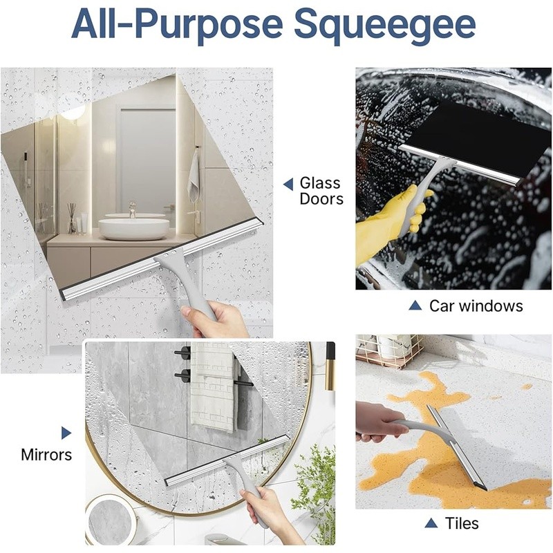 Ergonomic Shower Squeegee W/ Silicone Blade & Adhesive Hook Streak Free Cleaning