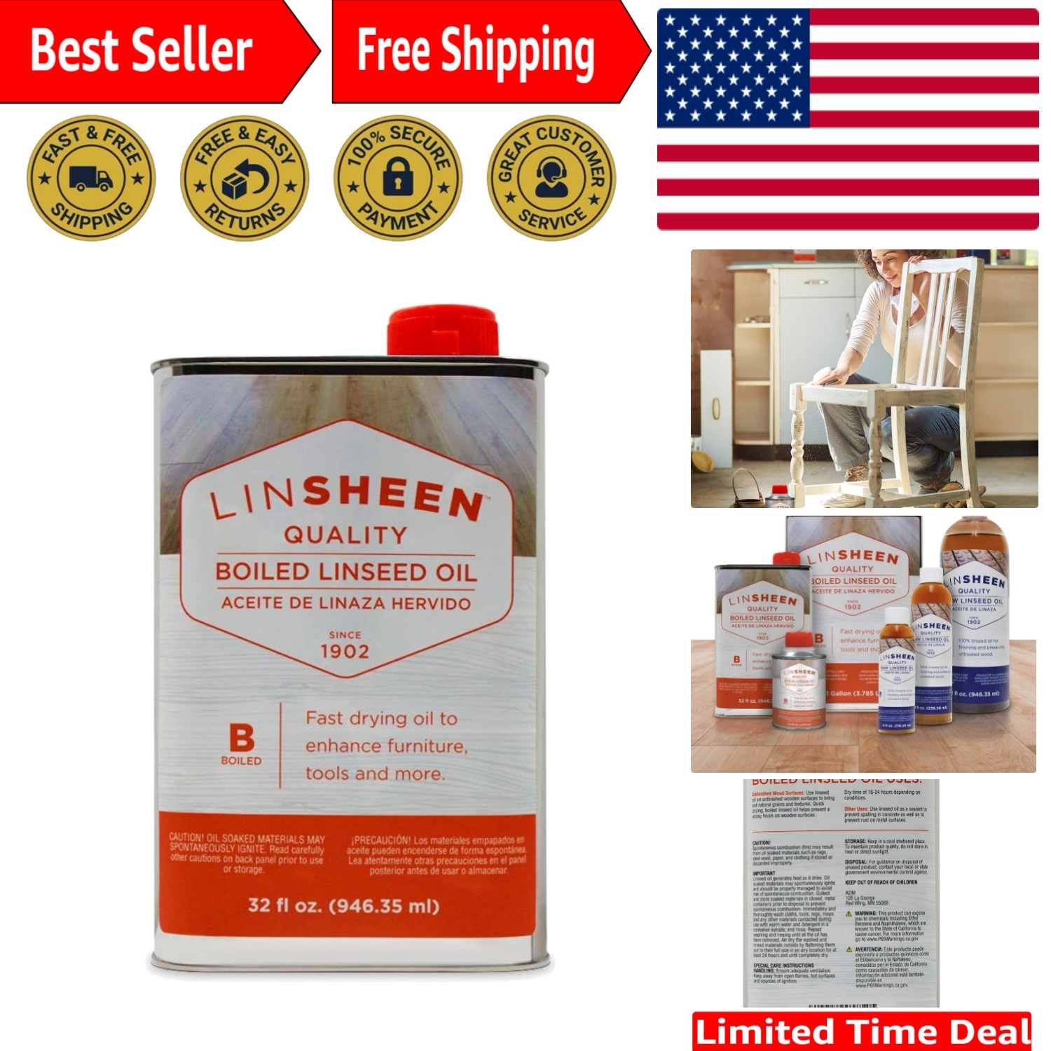 Eco-Friendly Boiled Linseed Oil – 32 Fl Oz Wood Treatment for Furniture & Decks