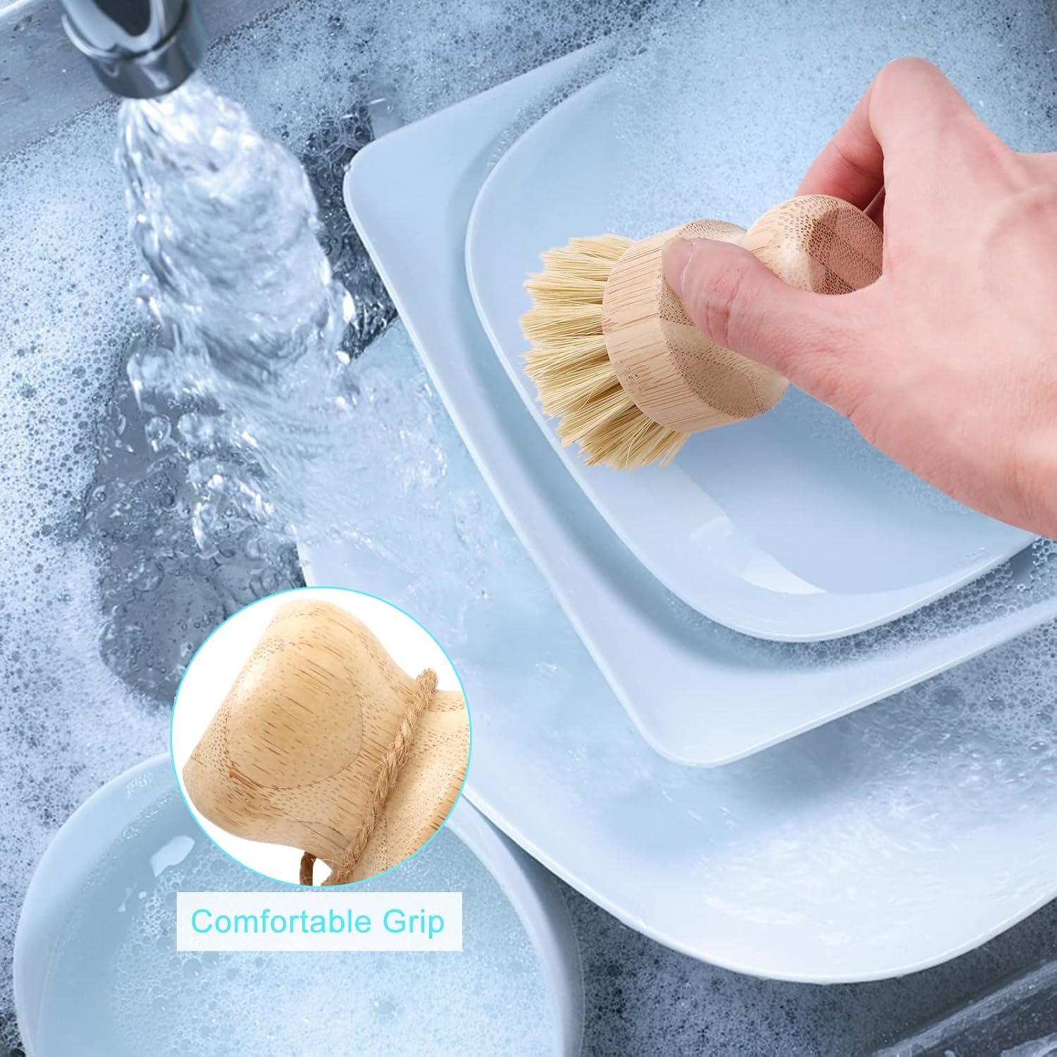 Bamboo Dish Brush Set, 4 Pcs Palm Wooden Dish Scrubber Washing Kitchen Brush