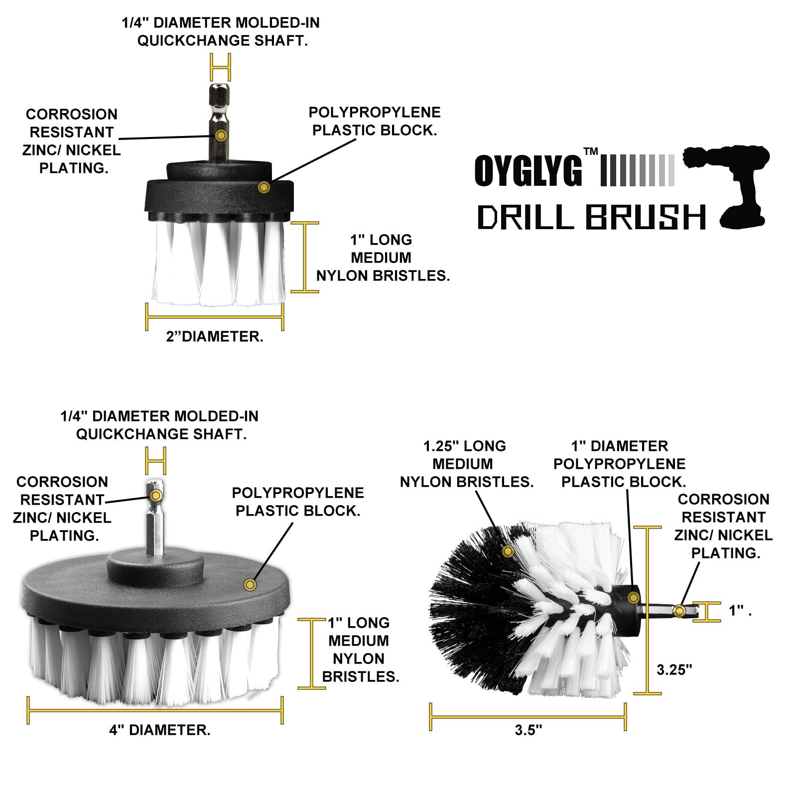 Drill Brush Attachment Kit 3piece Cleaning Set For Bathtubs Showers Tiles Carpet