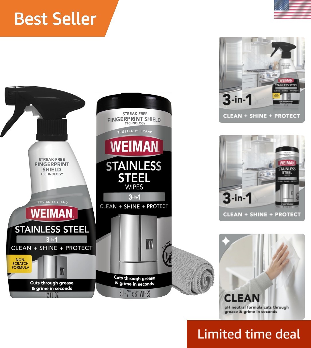 Stainless Steel Cleaner & Polish Kit, 3 Piece – Spray, Wipes & Cloth, Anti-Fi…