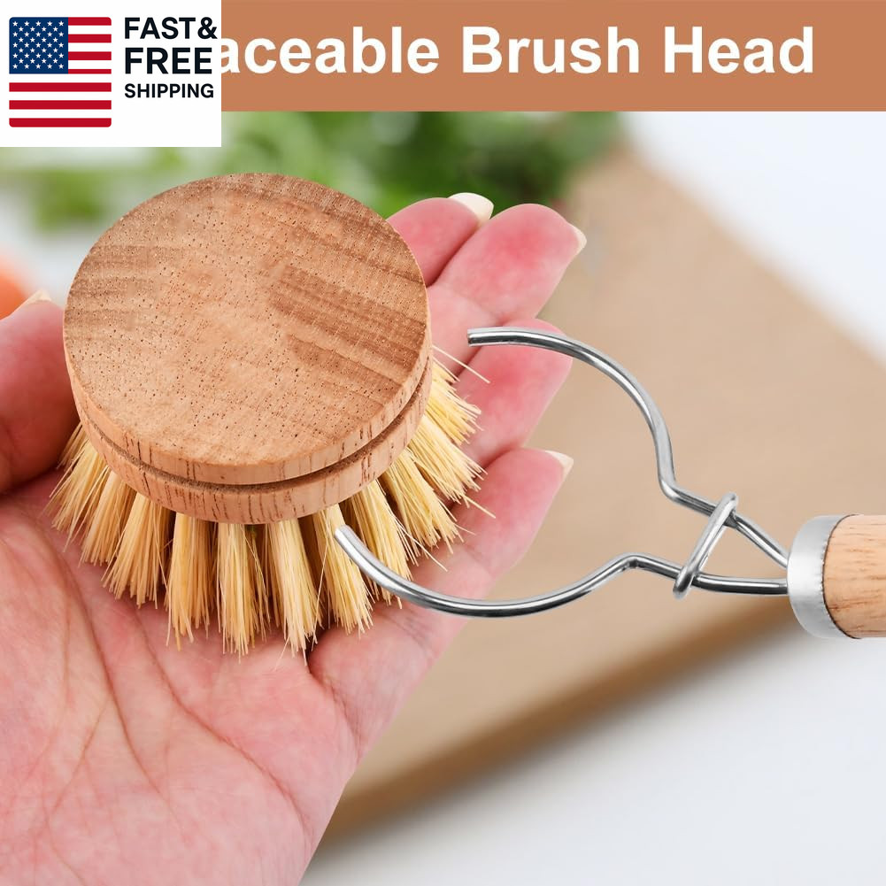 Bamboo Dish Brush Set, 1 Wooden Handle with 3 Natural Bristle Heads All Purpos