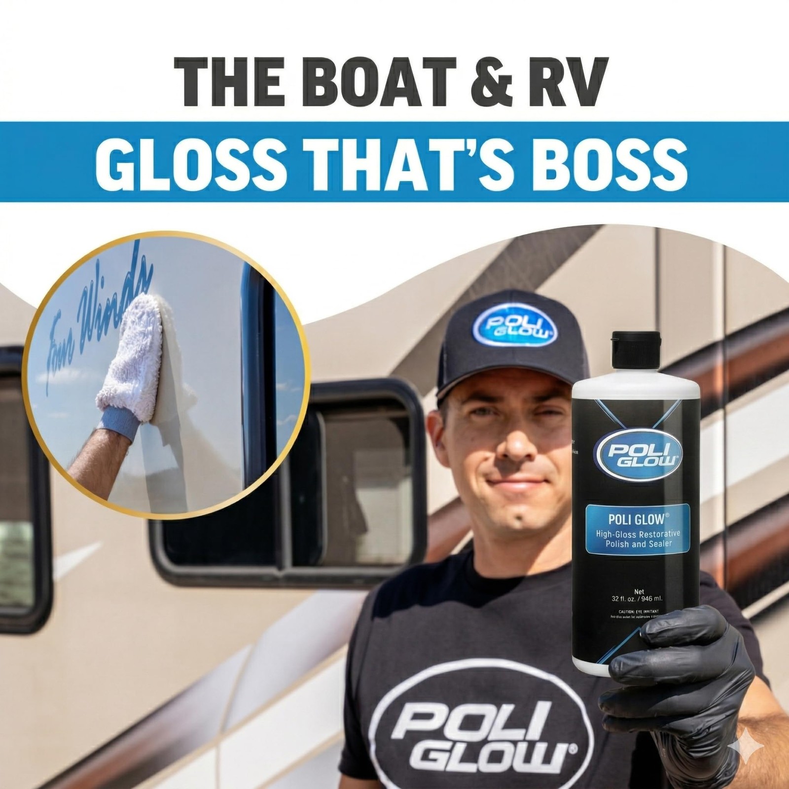 Poli Glow Boat & RV Polish Kit with Applicator Mitt – 32 oz High-Gloss Fiberg…