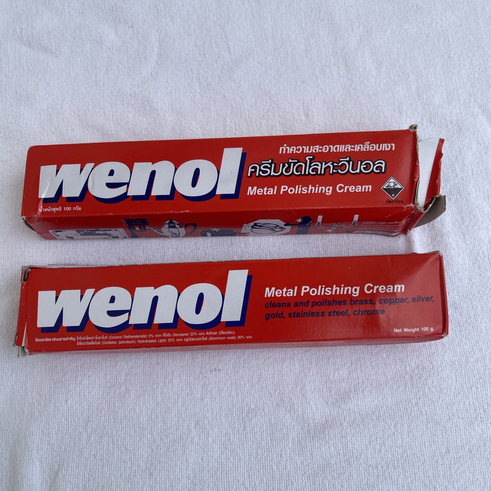 Lot of 2 Wenol Red Metal Polish 100g Tubes Brass Copper Chrome Stainless Steel