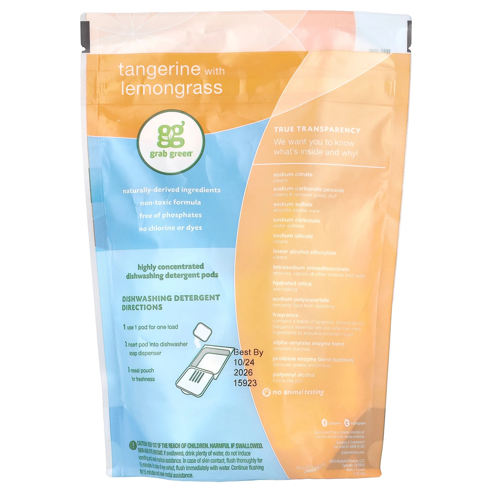 Automatic Dishwashing Detergent Pods, Tangerine with Lemongrass, 24 Loads, 15.2