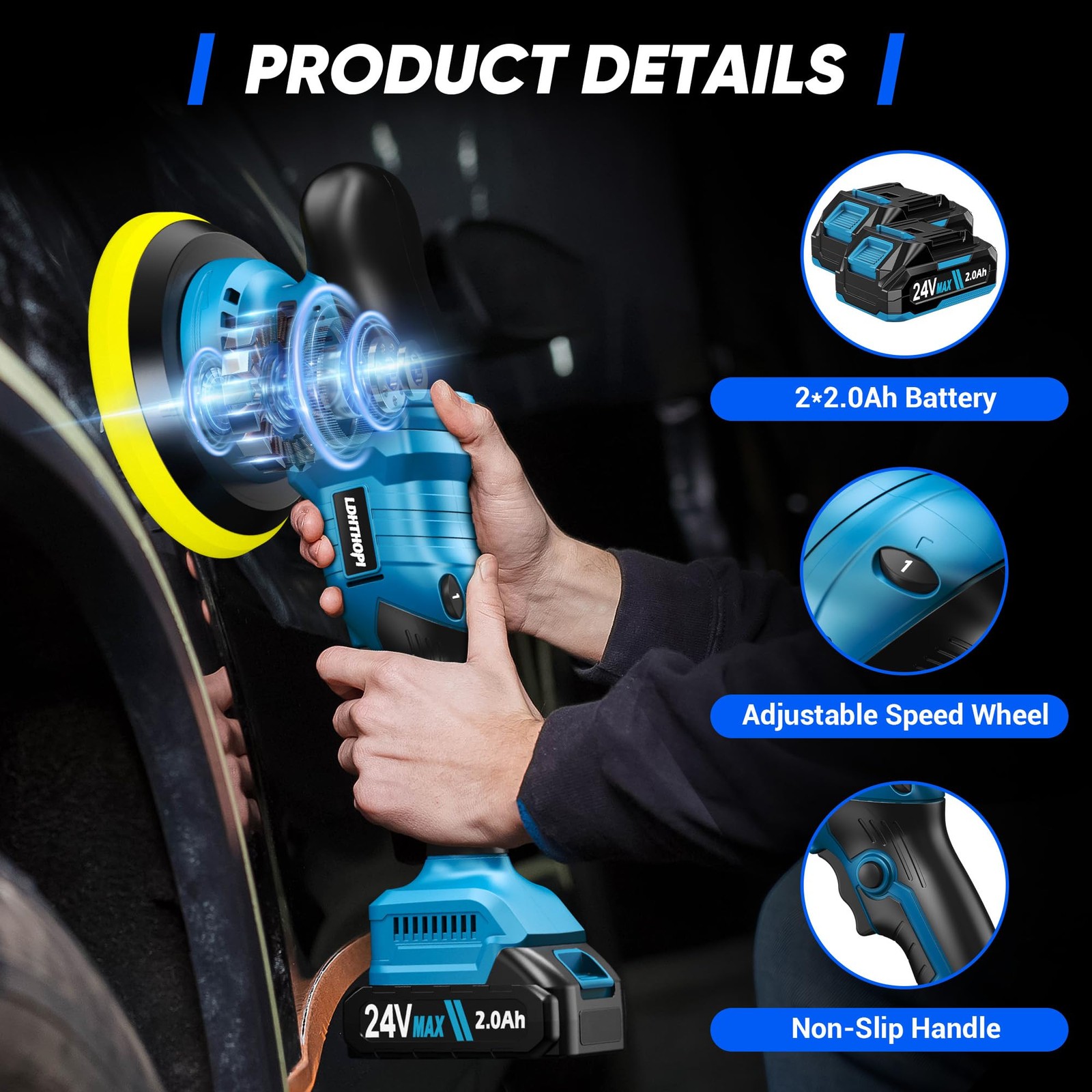 Cordless Buffer Polisher with 2×2000mAh Battery, 10000RPM 1600W High Power Ca…