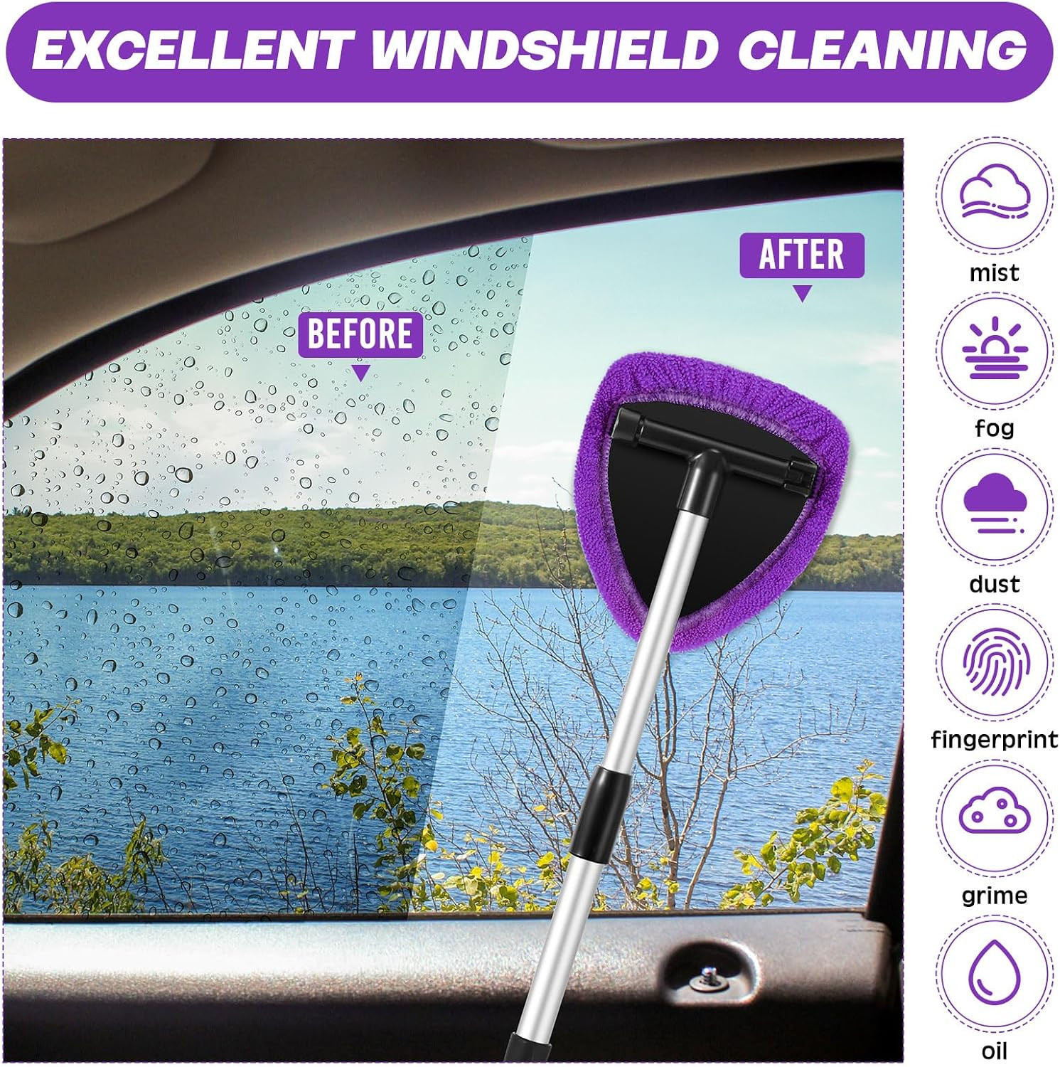 8 Pcs Car Windshield Cleaner Tool Kit with Extendable Handle, Microfiber Towel P