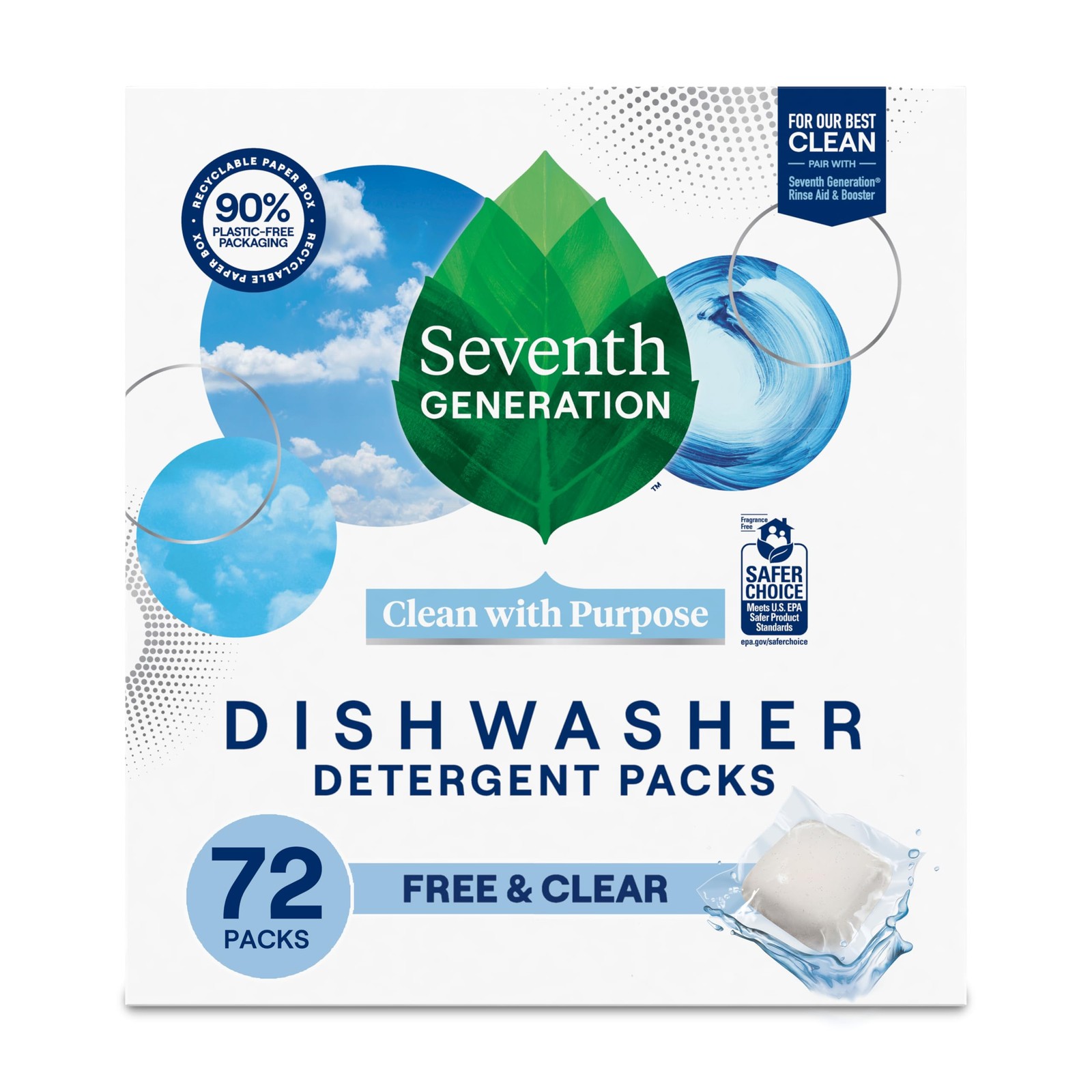 Seventh Generation Dishwasher Detergent Packs, Free and Clear, 72 Count, Pack…