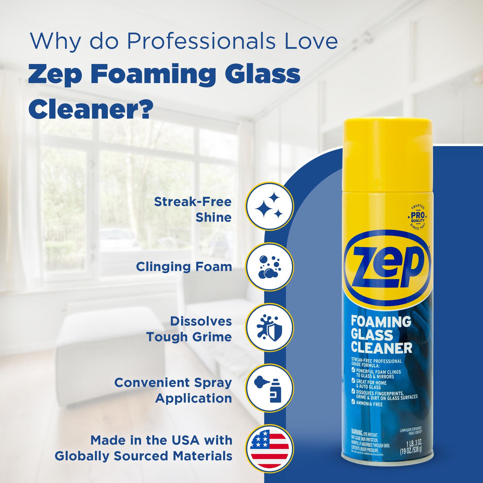 Zep Foaming Glass and Plexiglass Cleaner – 19 oz (Case of 4) ZUFGC19