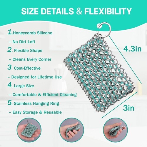 HAUSHOF Cast Iron Scrubber Chainmail Scrubber w/ Silicone Core Cast Iron Cleaner