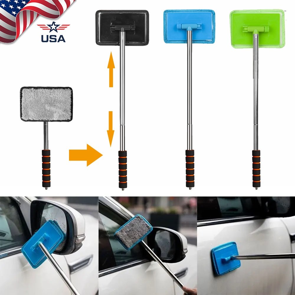 Car Windshield Cleaner Tool with Extendable Handle & 2 Microfiber Pads for Home