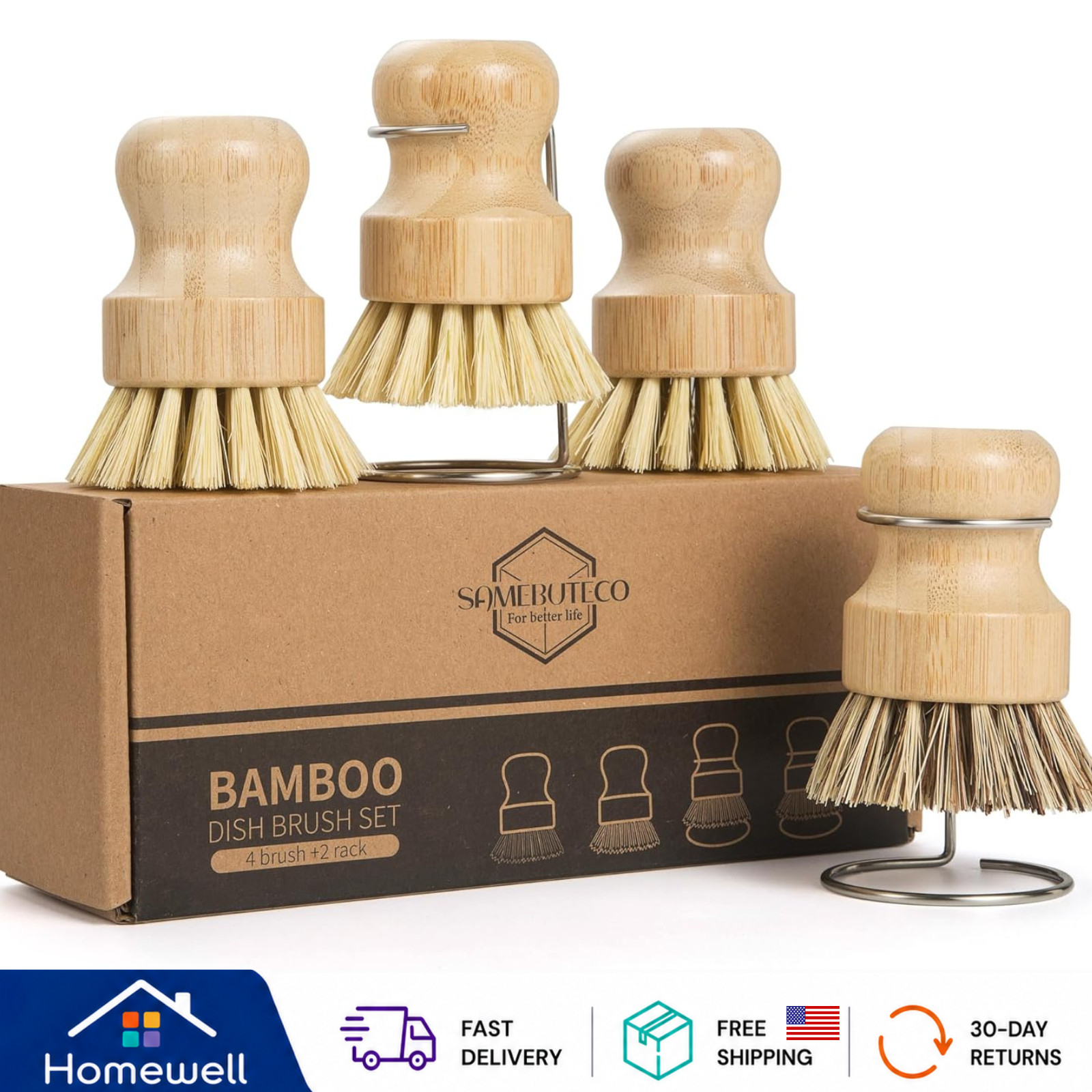 6Pc Bamboo Dish Brush Set Easy Clean Pots Pans Sink Scrub Brushes with Holders