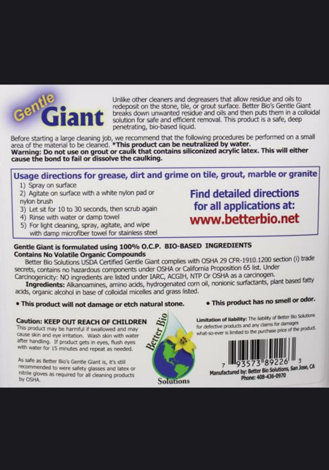 Better Bio Stone Cleaner Gentle Giant HeavyDuty Neutral pH Degreaser