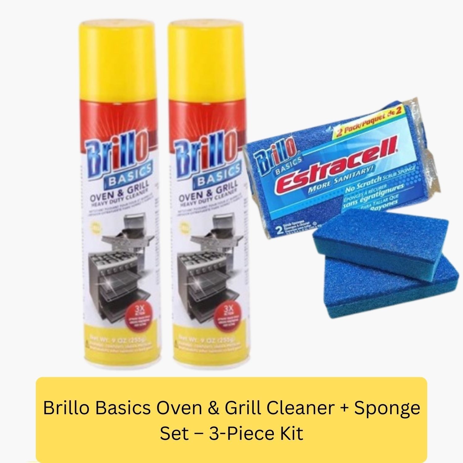 Brillo Oven & Grill Cleaner (2x 12oz) + Sponge Set | 3-Piece Heavy Duty Cleaning