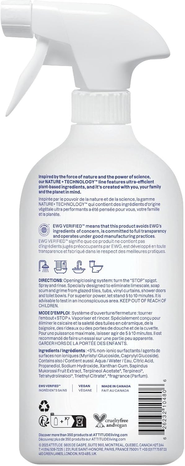 ATTITUDE Bathroom Cleaner Spray, EWG Verified, Plant-Based & , Safe for Bathr…