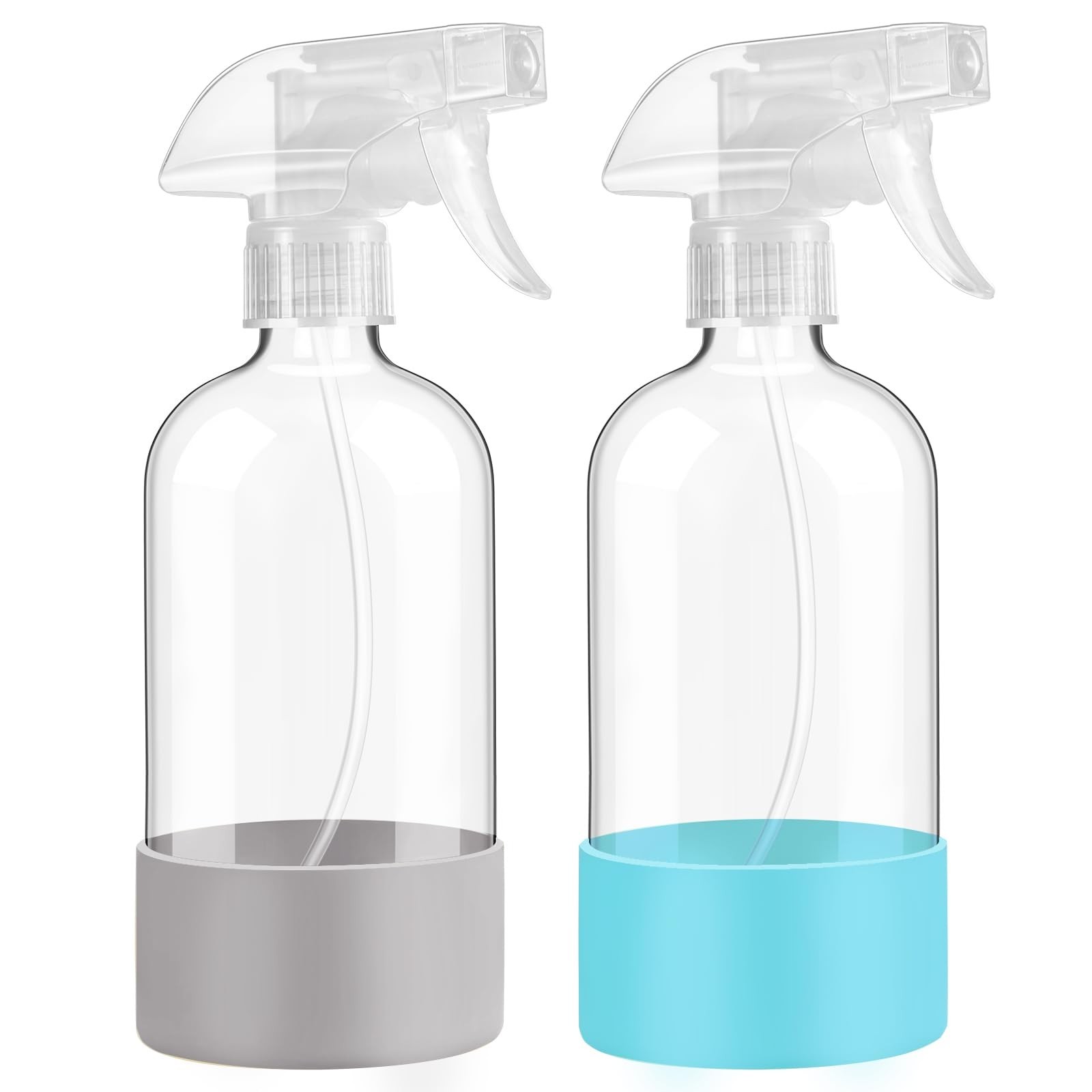 16oz Glass Spray Bottles 2-Pack with Silicone Sleeve, Refillable, Adjustable Noz