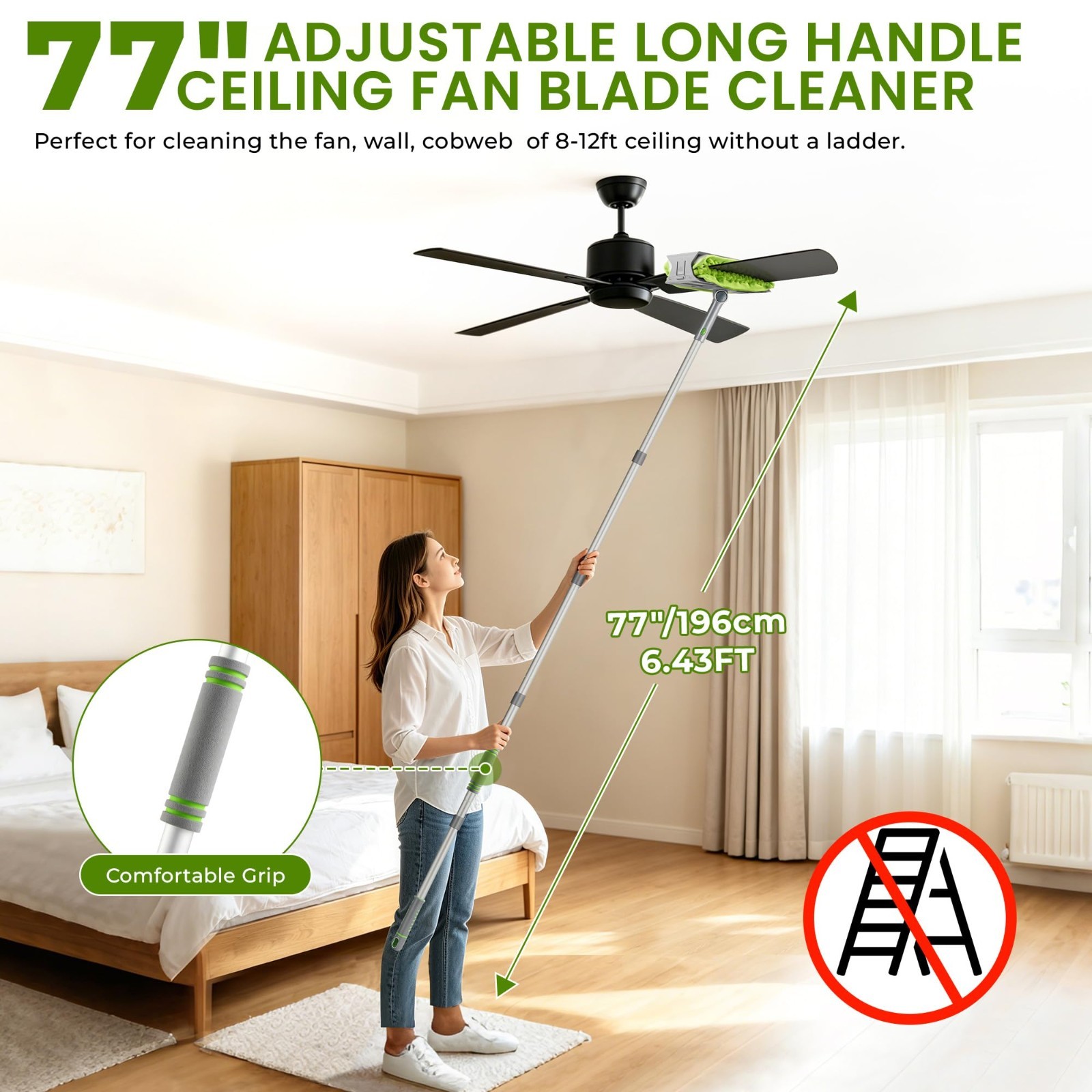 Ceiling Fan Cleaner Duster with 77″ Pole, 4-in-1 Microfiber & Chenille Tool, Ben