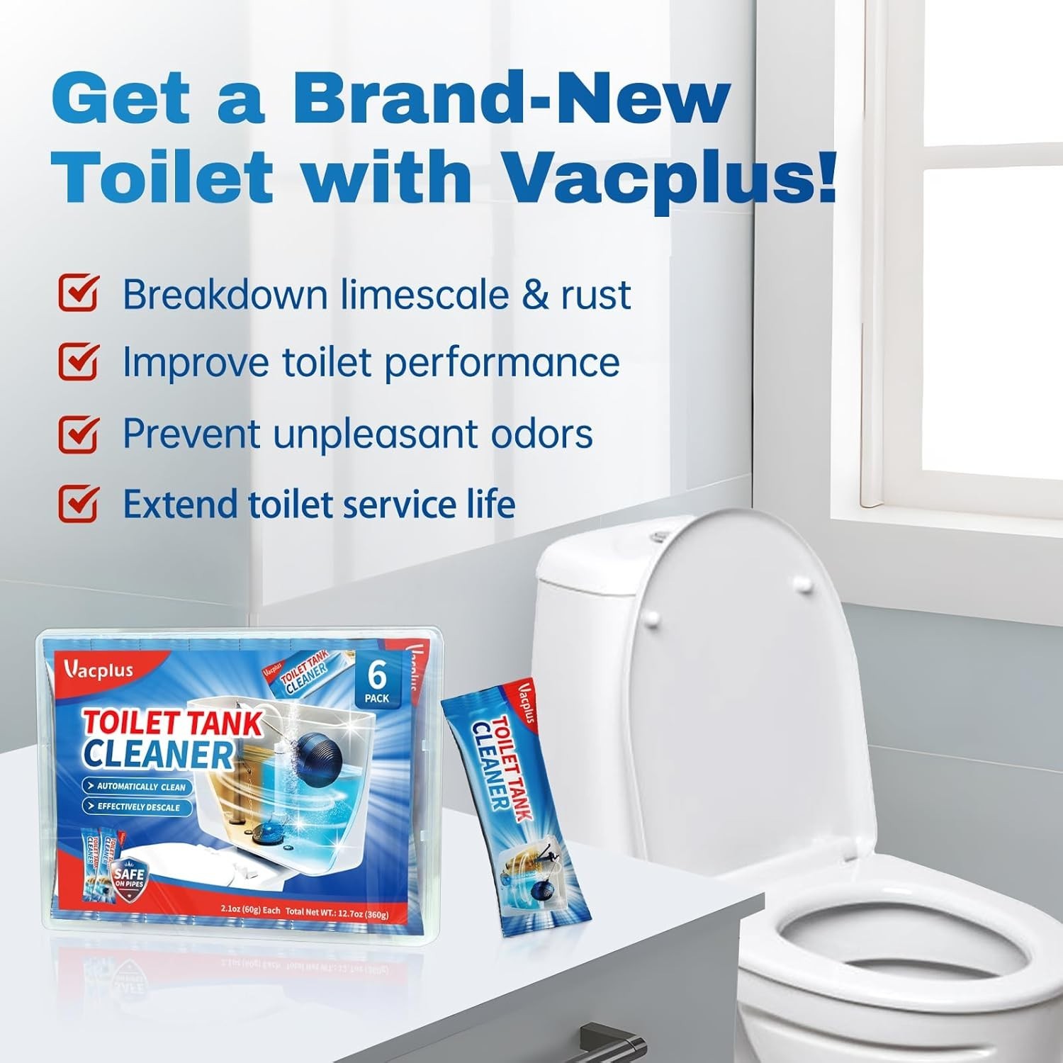 Unscented Toilet Tank Descaler – 6 Automatic Cleaning Tablets for Mold & Rust